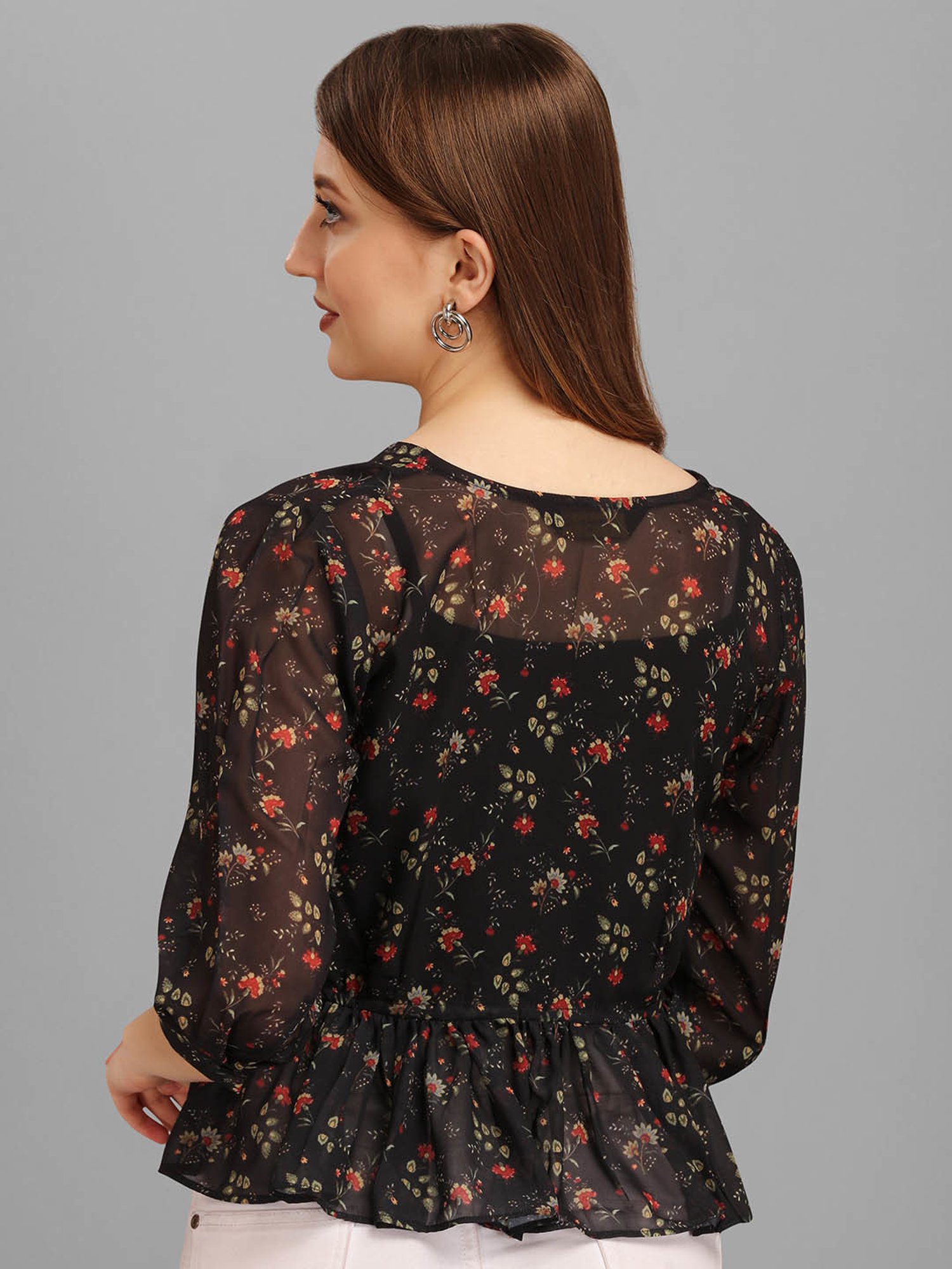 MASAKALI.CO Black Floral Print Peplum Top