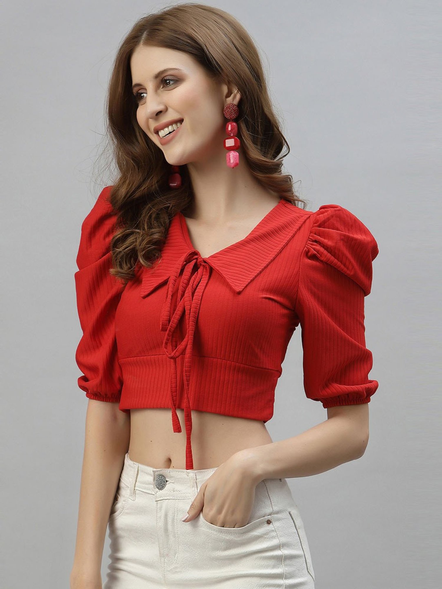 SELVIA Red Short sleeve Crop Top