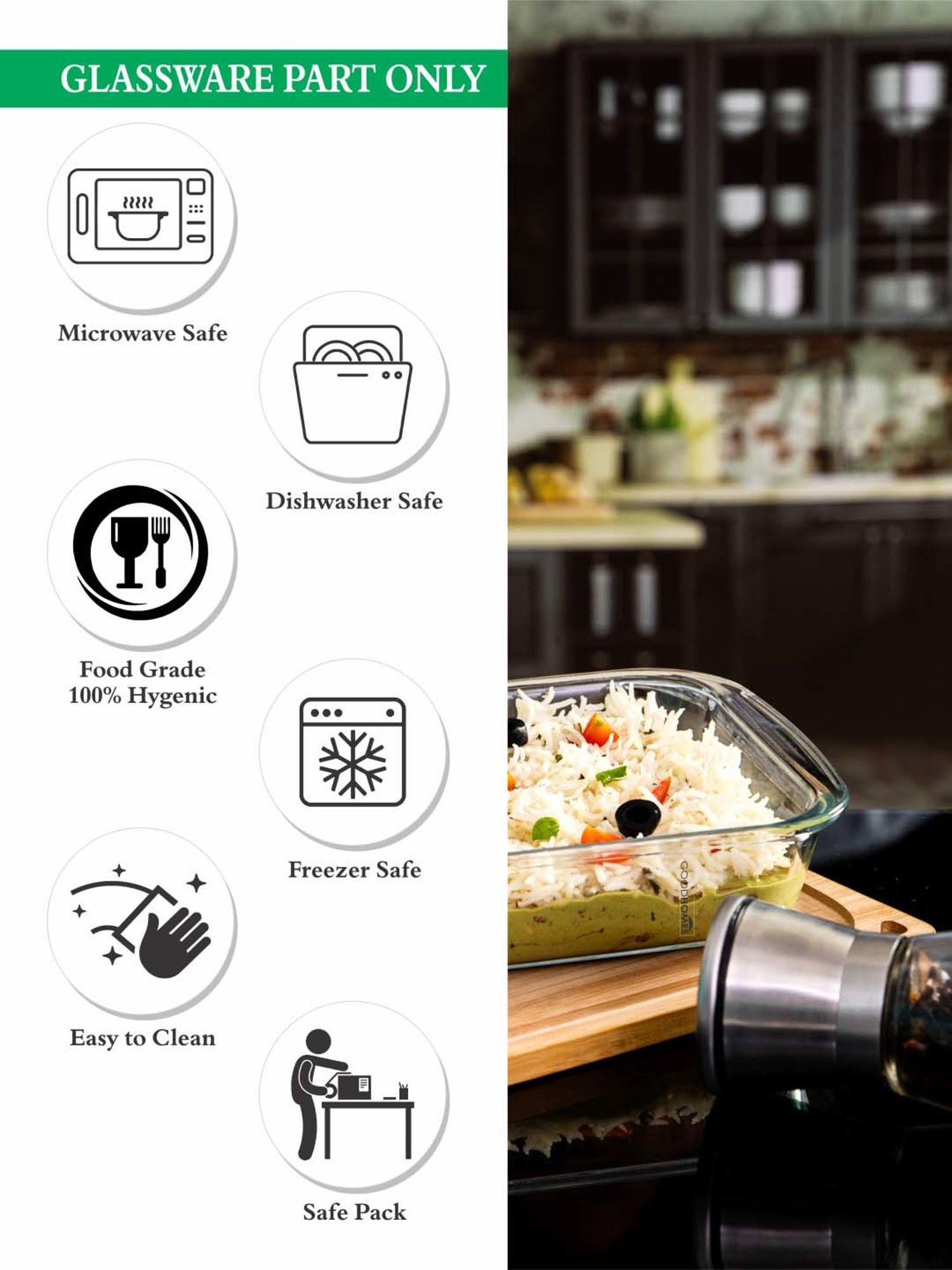 Goodhomes Transparent Glass Baking Dishes With Wooden Lid - Set of 2