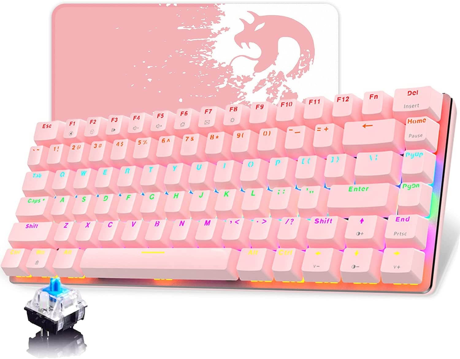 Pink Mechanical Keyboard, Rainbow LED Backlit Detachable USB Cable 82 Keys Compact Gaming Keyboard and Mouse Pad with Anti-Ghosting Key Compatible with Windows PC Laptop Mac Game Office