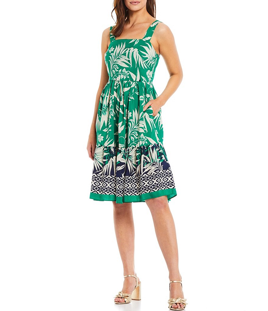 Jessica Howard Petite Size Sleeveless Border Print Square Neck A-Line Dress