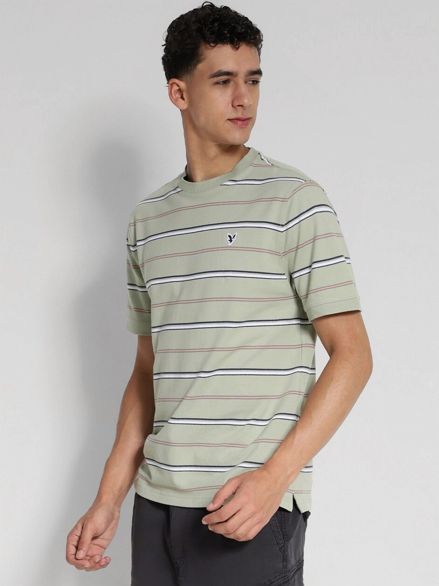 American Eagle Green Cotton Regular Fit Striped T-Shirt