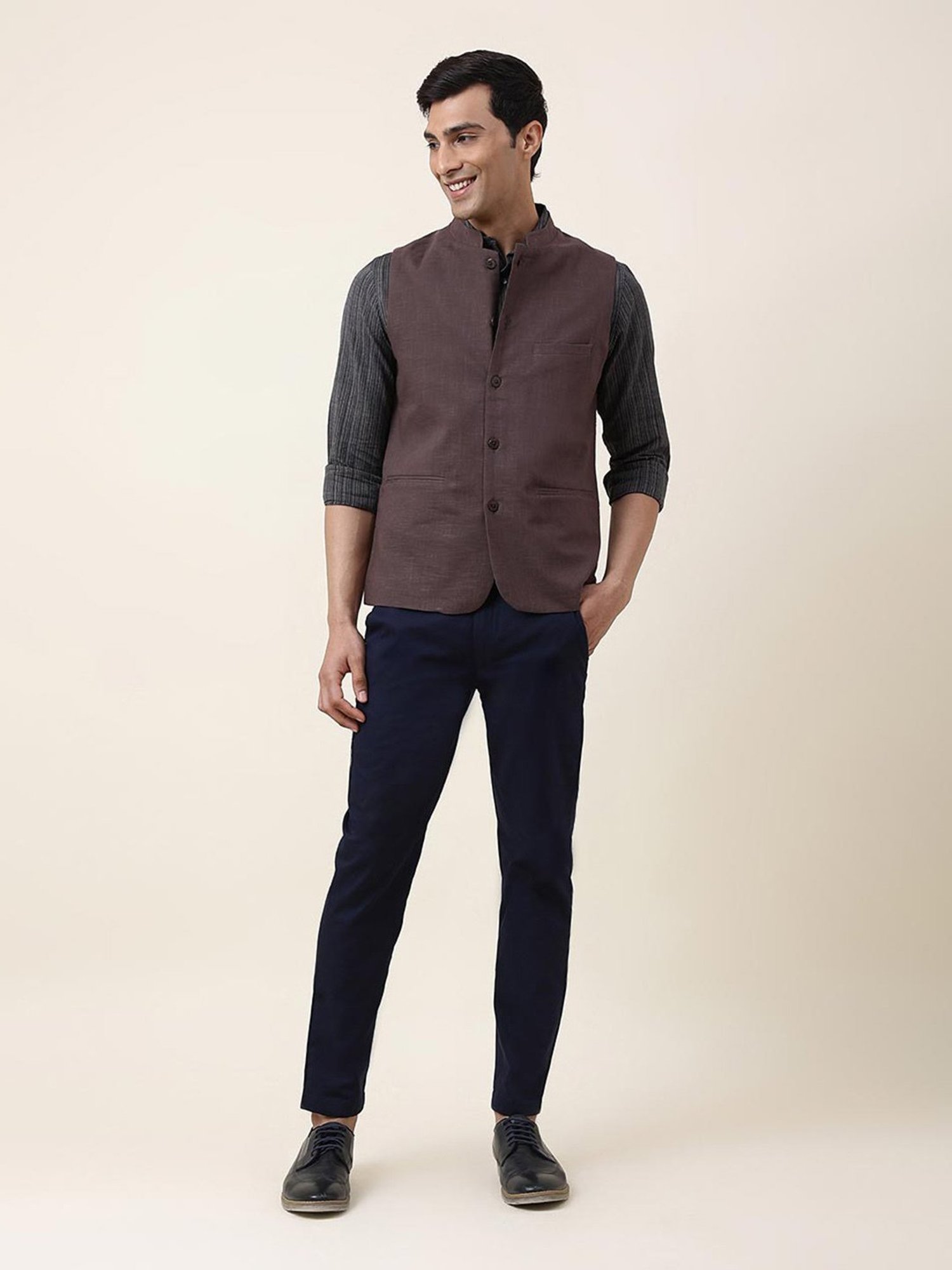 Fabindia Purple Slim Fit Mandarin Collar Nehru Jacket