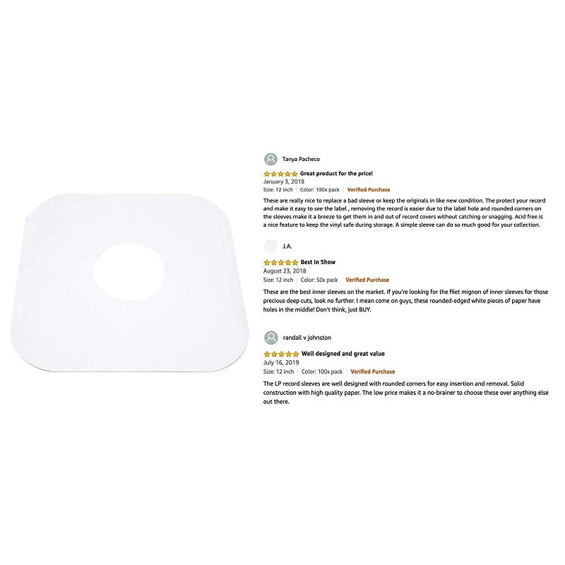 Vinyl Record Inner Sleeves 100x | Made from Heavyweight & Acid Free Paper | Album Covers with Round Corners for Easy Insert | Slim Record Jackets to Protect Your LPs & Singles | 12"