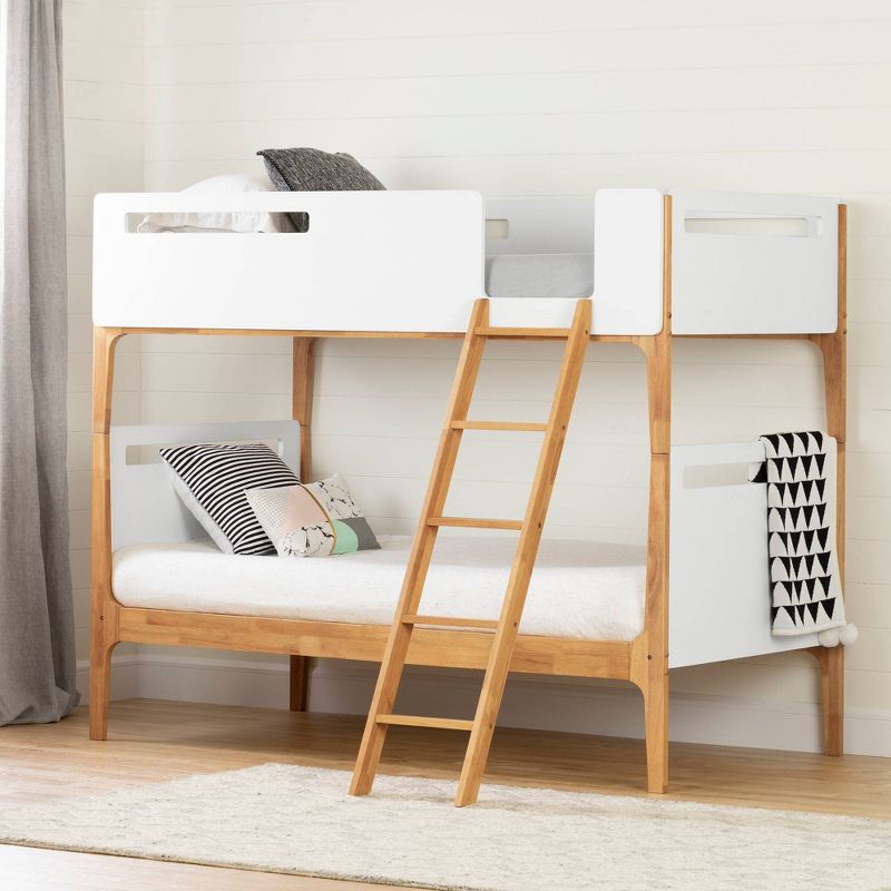 Twin Bebble Modern Bunk Beds  Pure White and Exotic Light Wood  - South Shore