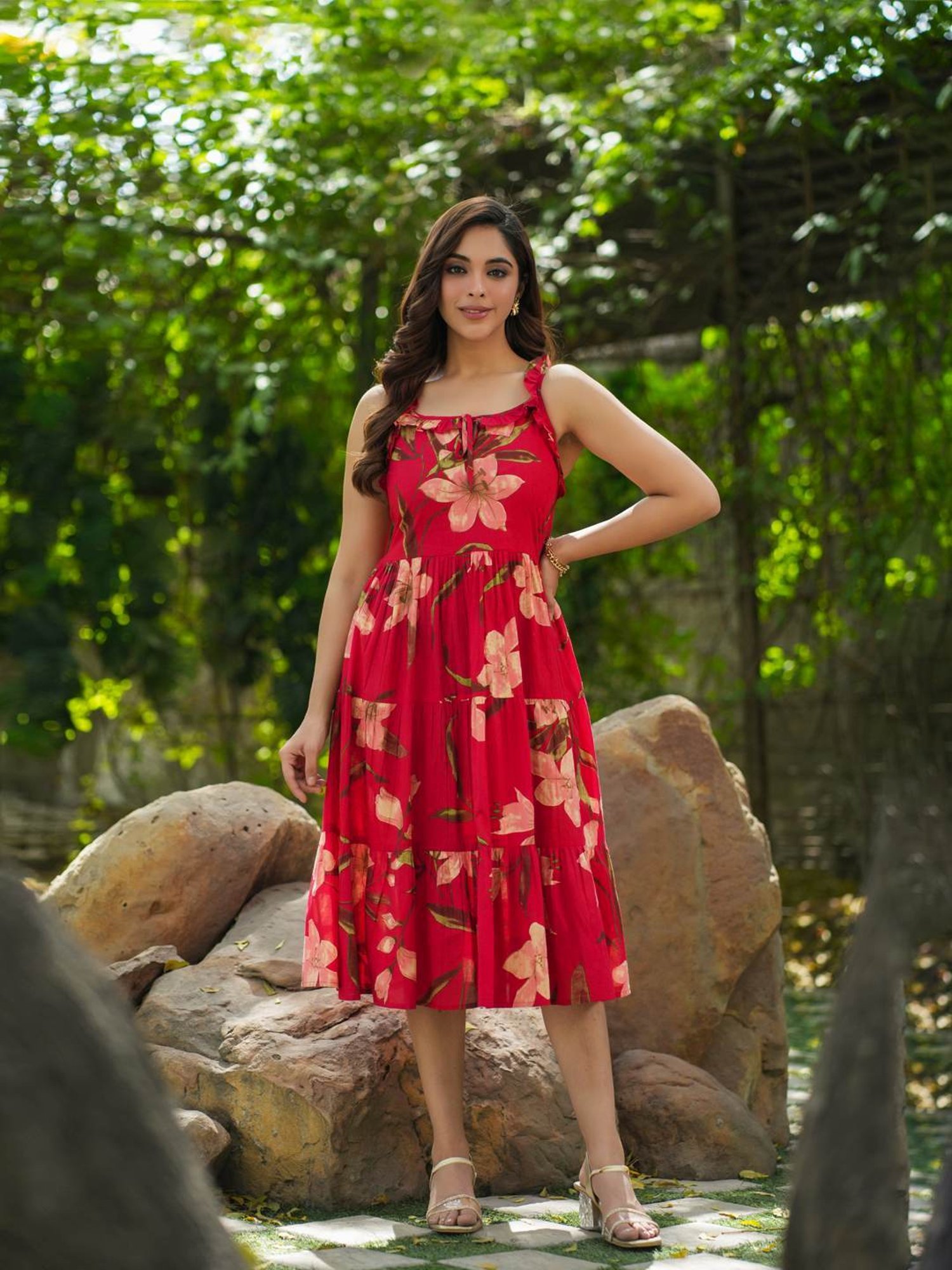 Rain and Rainbow Red Cotton Floral Print A-Line Dress