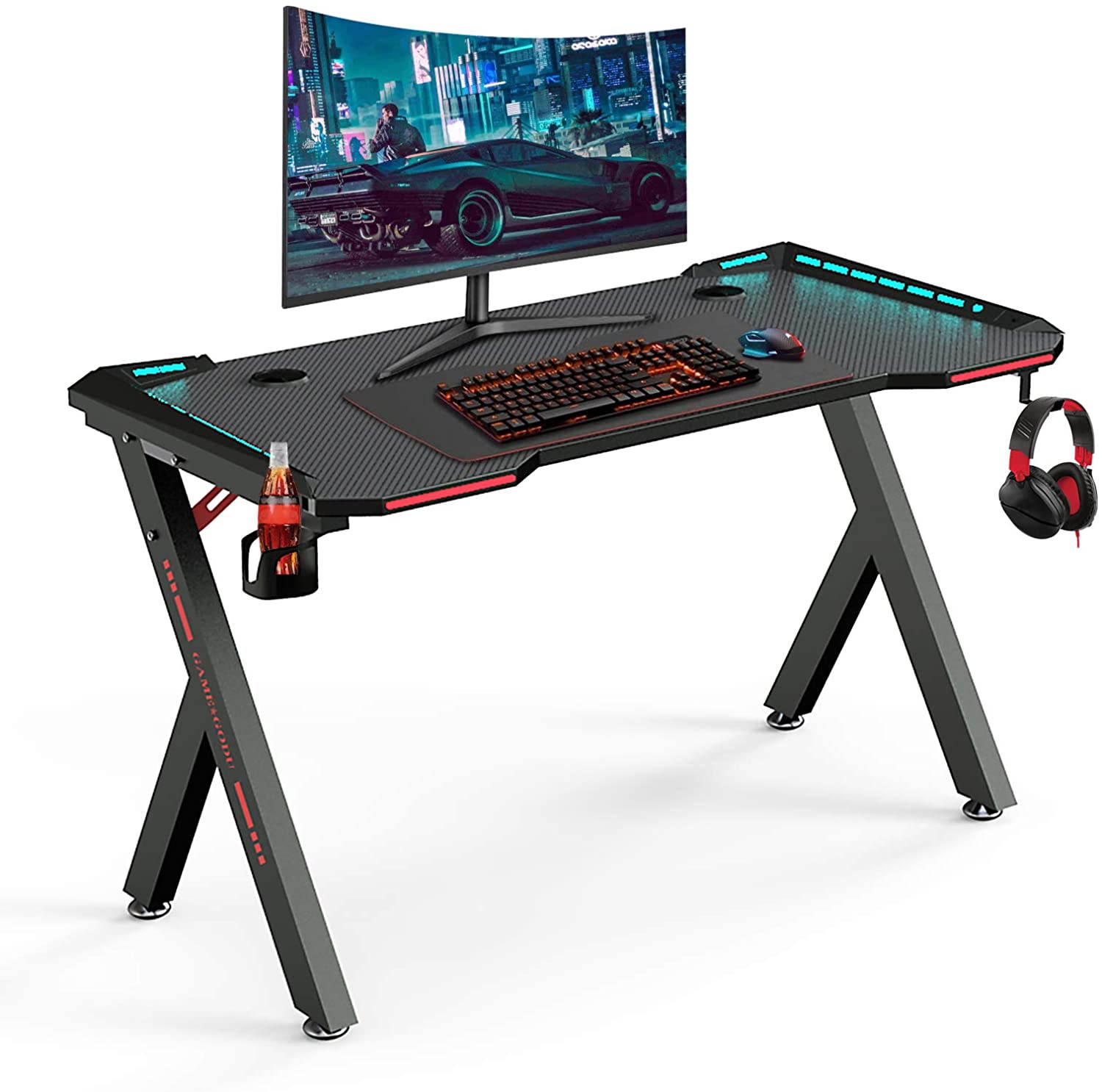 Greatlizard 47 Inch Gaming Desk with Led Lights, PC Gaming Table Computer Workstation with LED RGB Lights, Headphone Hook and Cup Holder for Home, Black
