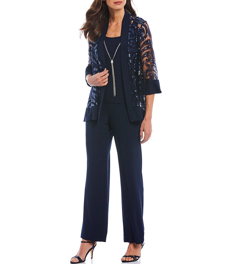 R & M Richards Swirl Sequin Jacket 2-Piece Pant Set