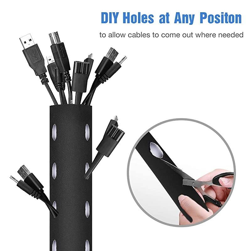 10.83ft Cable Management Sleeve, Cuttable Neoprene Cord Management Organizer System, Flexible Cable Wrap Cover Wire Hider for Desk TV Computer Office Home Theater -Reversible Black/White, Small