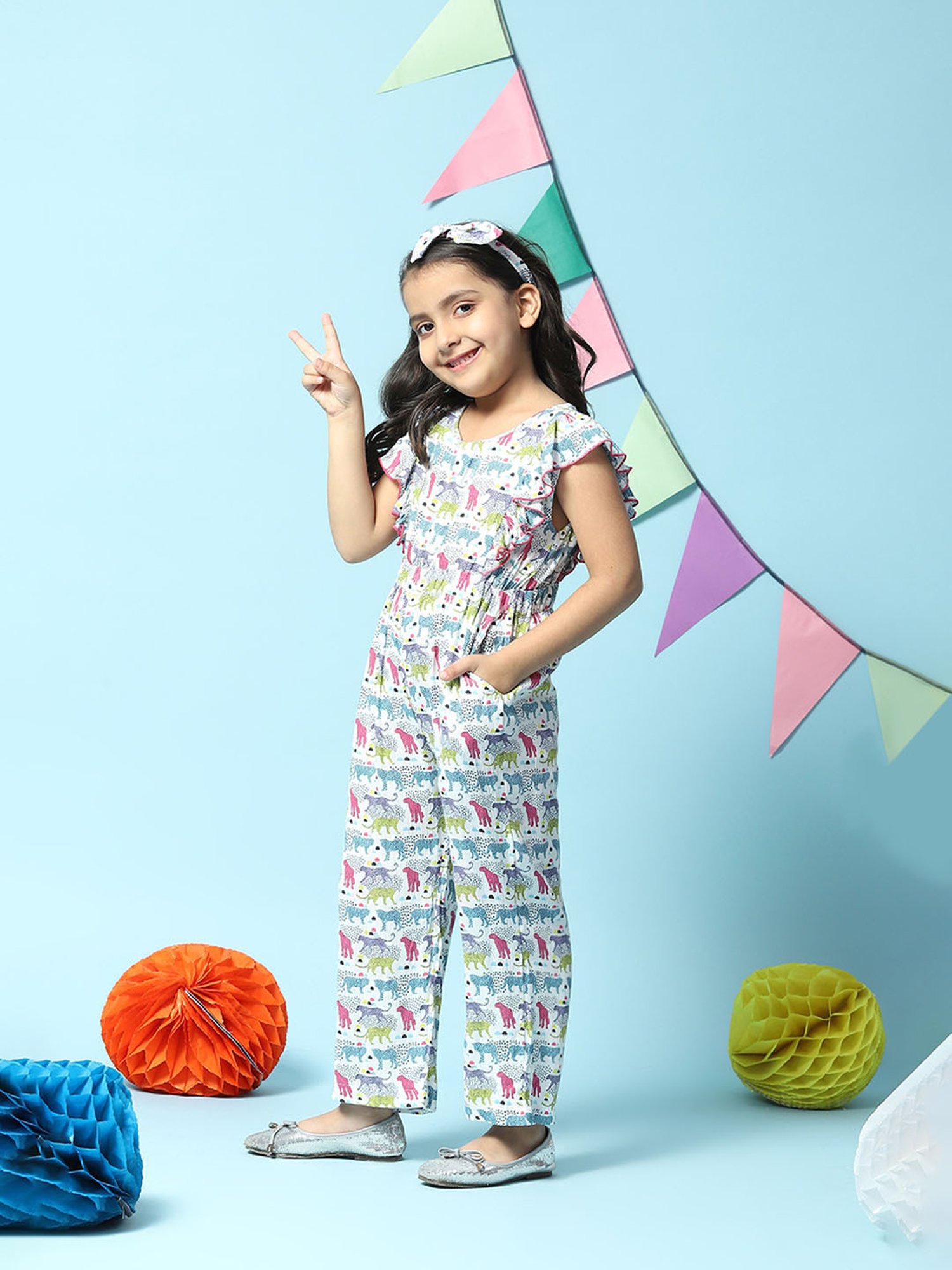 BIBA Girls White Printed Jumpsuit with Headband