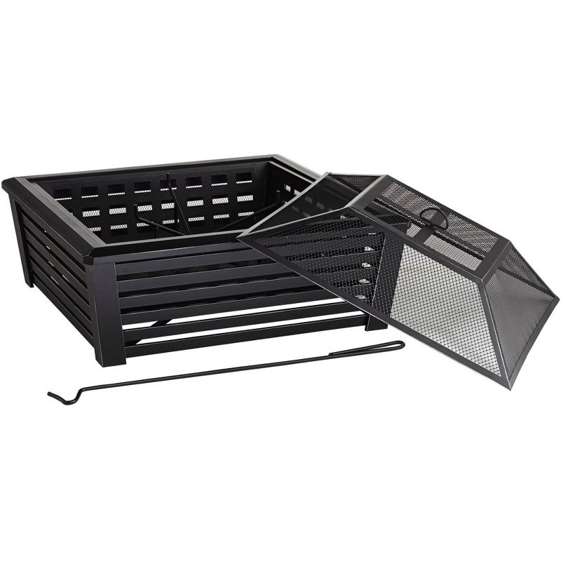 John Timberland Black Outdoor Fire Pit Square 35" Steel Metal Mesh Wood Burning with Spark Screen and Fire Poker for Outside Backyard Patio Camping