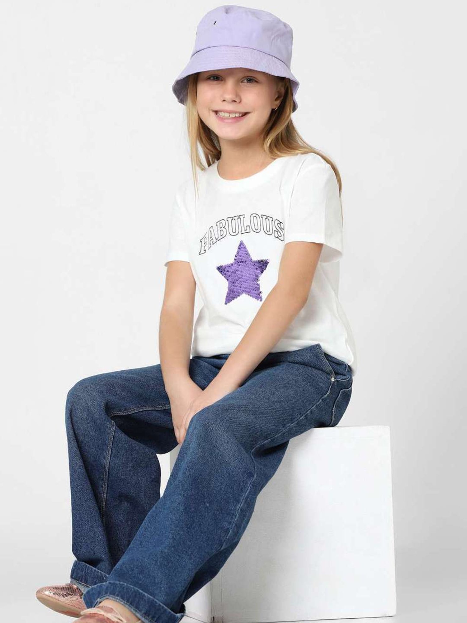 KIDS ONLY White & Purple Cotton Embellished T-Shirt