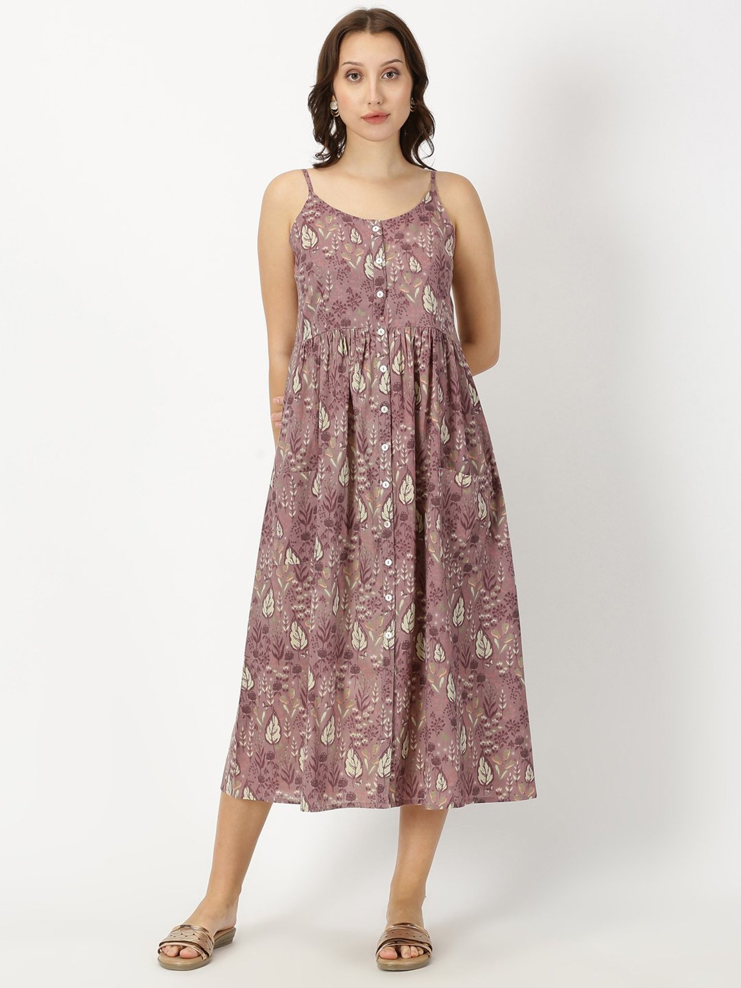 Saffron Threads Mauve Cotton Printed Ethnic Dress