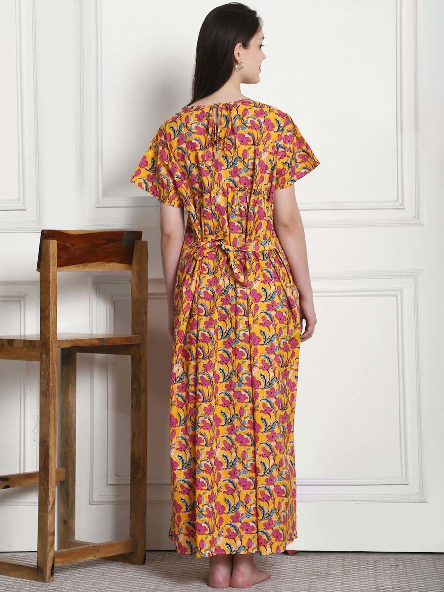 Secret Wish Yellow & Pink Cotton Floral Straight Nighty