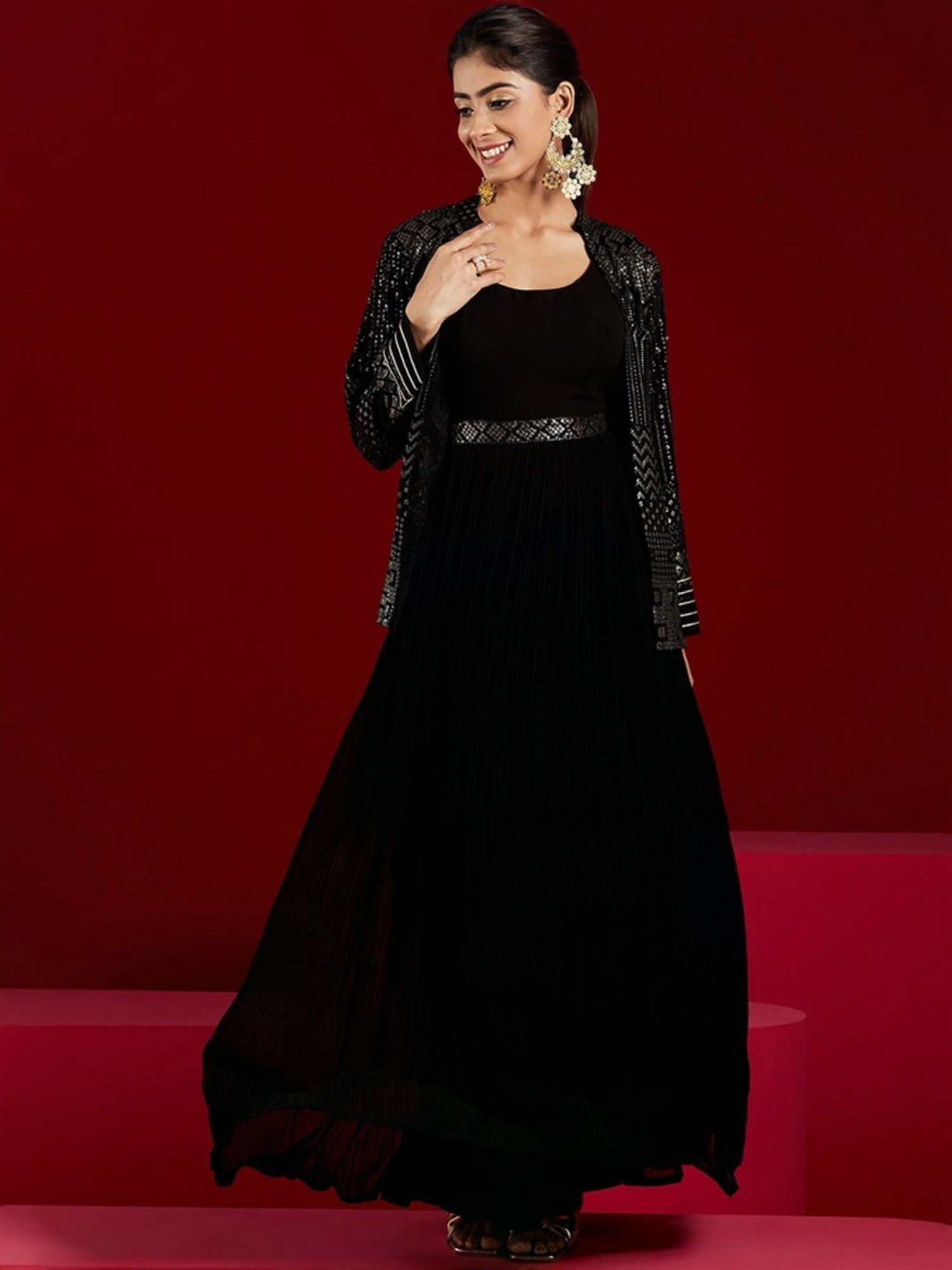 Libas Art Black Embellished Maxi Dress With Jacket