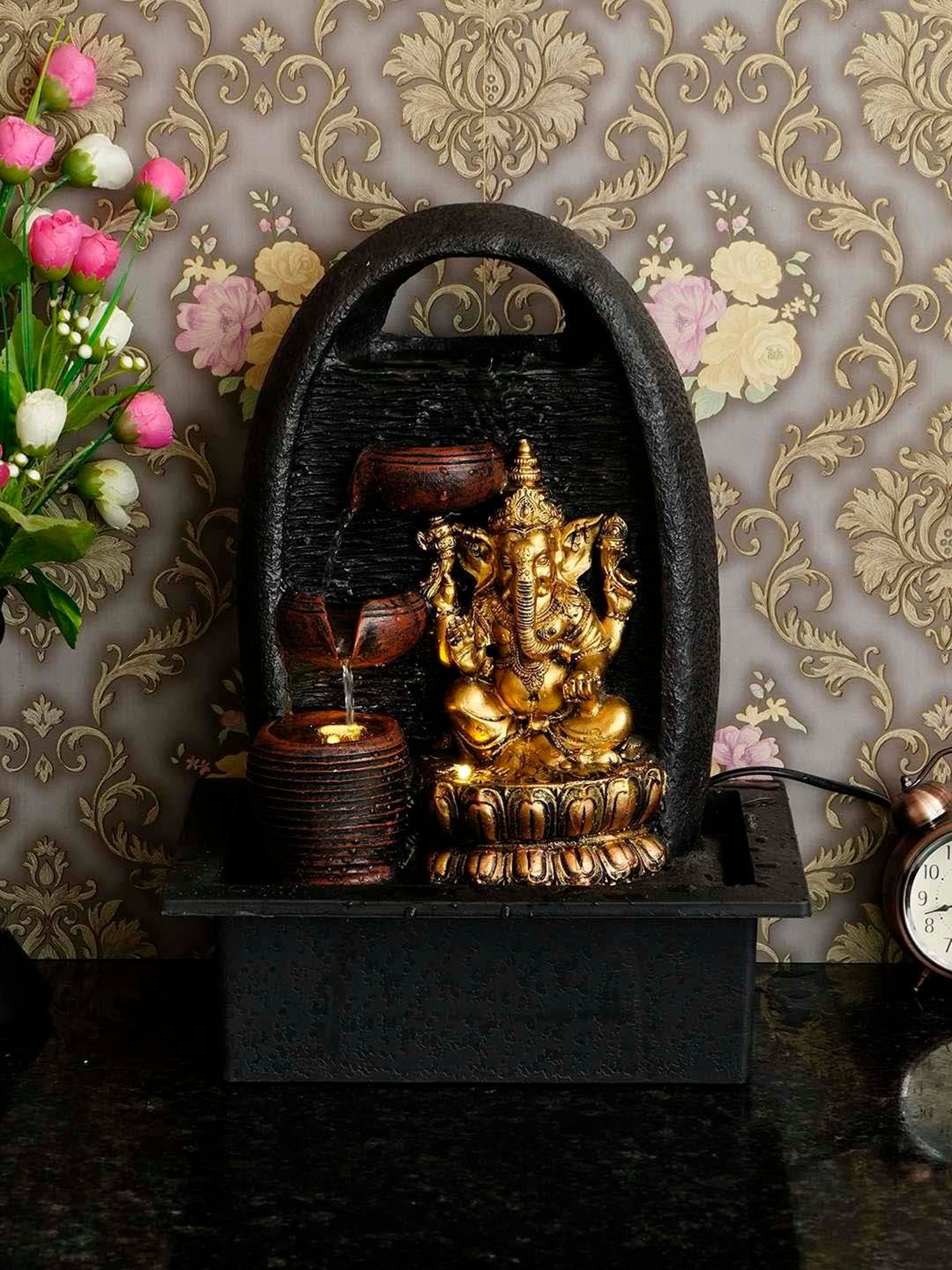 CHRONIKLE Brown & Golden Polyresin Ganesha Idol 3 Diya Steps Waterfall Fountain