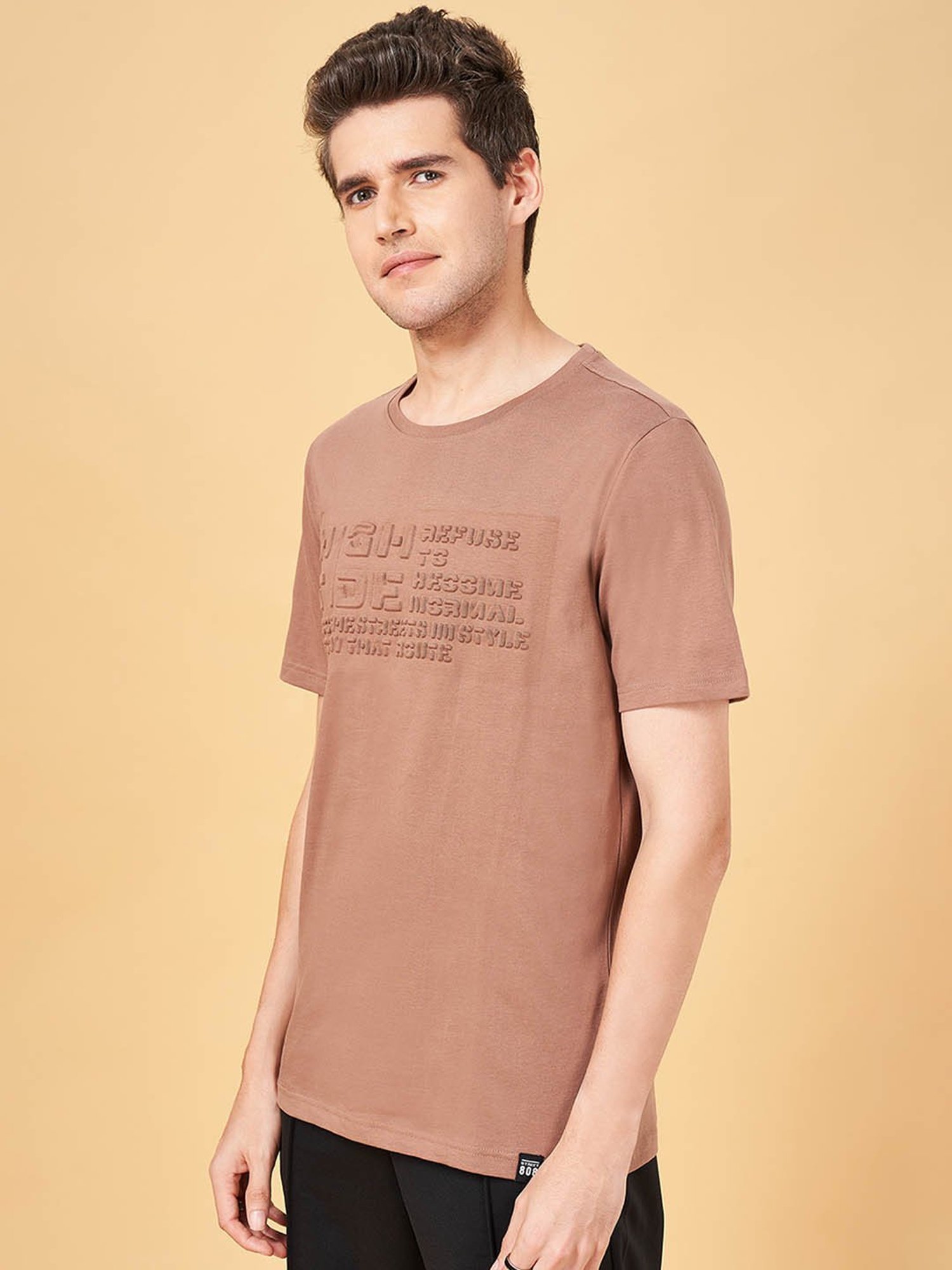 Street 808 by Pantaloons Light Brown Cotton Regular Fit Printed T-Shirt