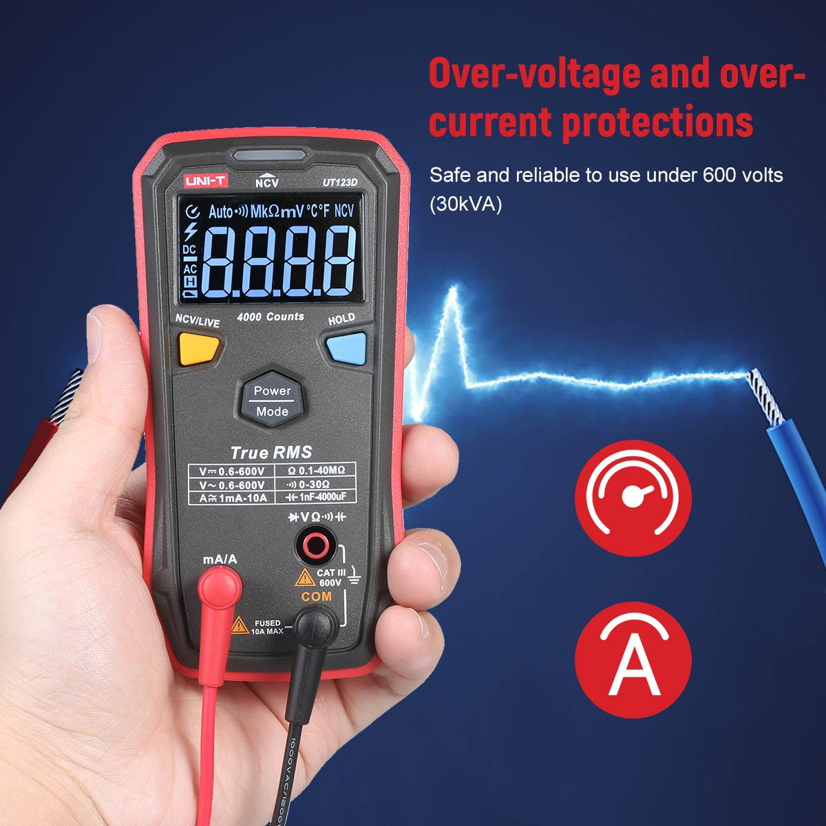 UNI-T Palm-sized Digital Multimeter AC/DC True-RMS Multimeter 4mF(4000uF) Large Capacitance Meter Auto-ranging Multi Tester with Resistance Capacitance Diode Continuity NCV Live Wire Tests