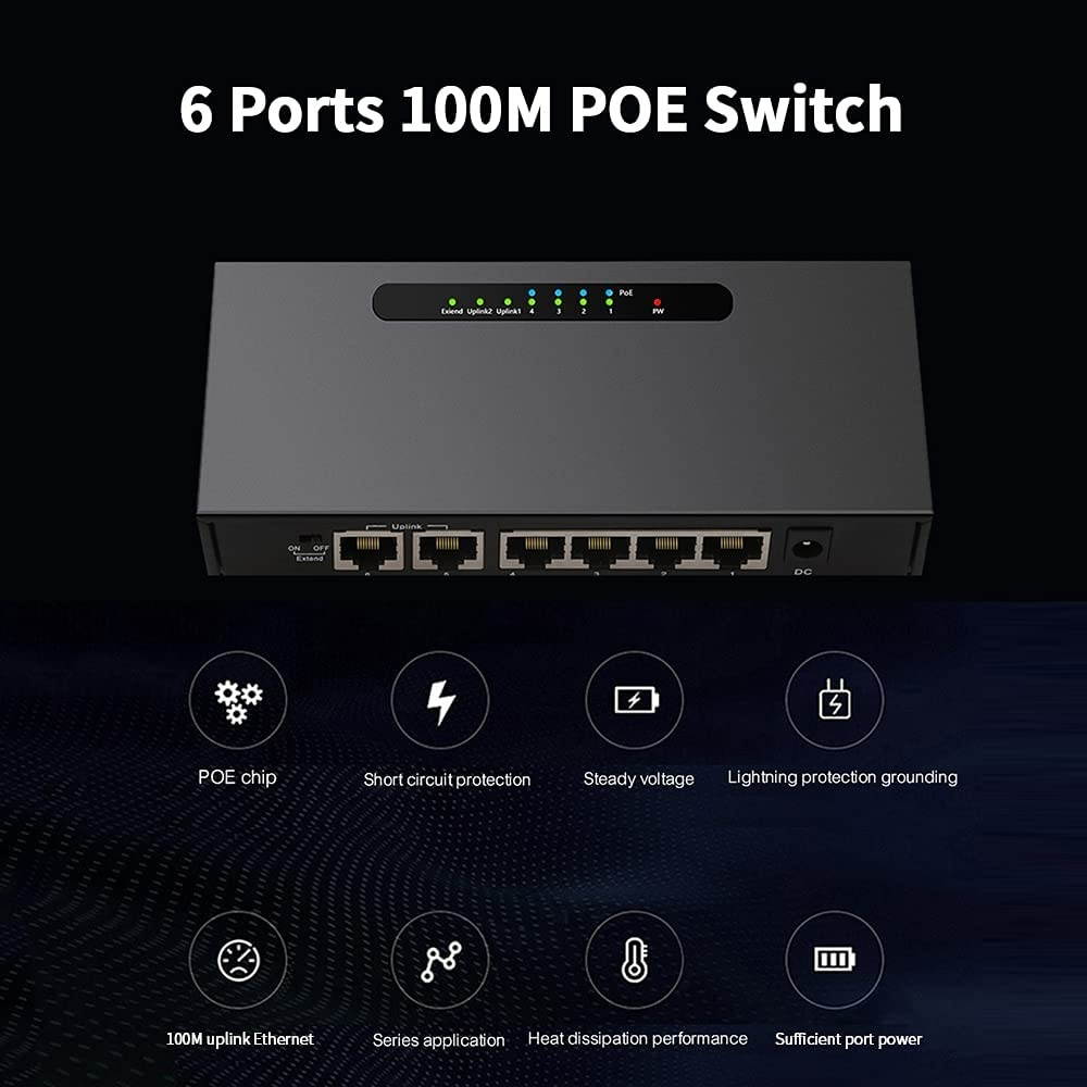 Docooler Enthernet Switch 6-Port POE Switch 4+2 100M with 4 Ethernet Ports 2 Uplink Ethernet Ports for IP Camera Wireless AP US Plug
