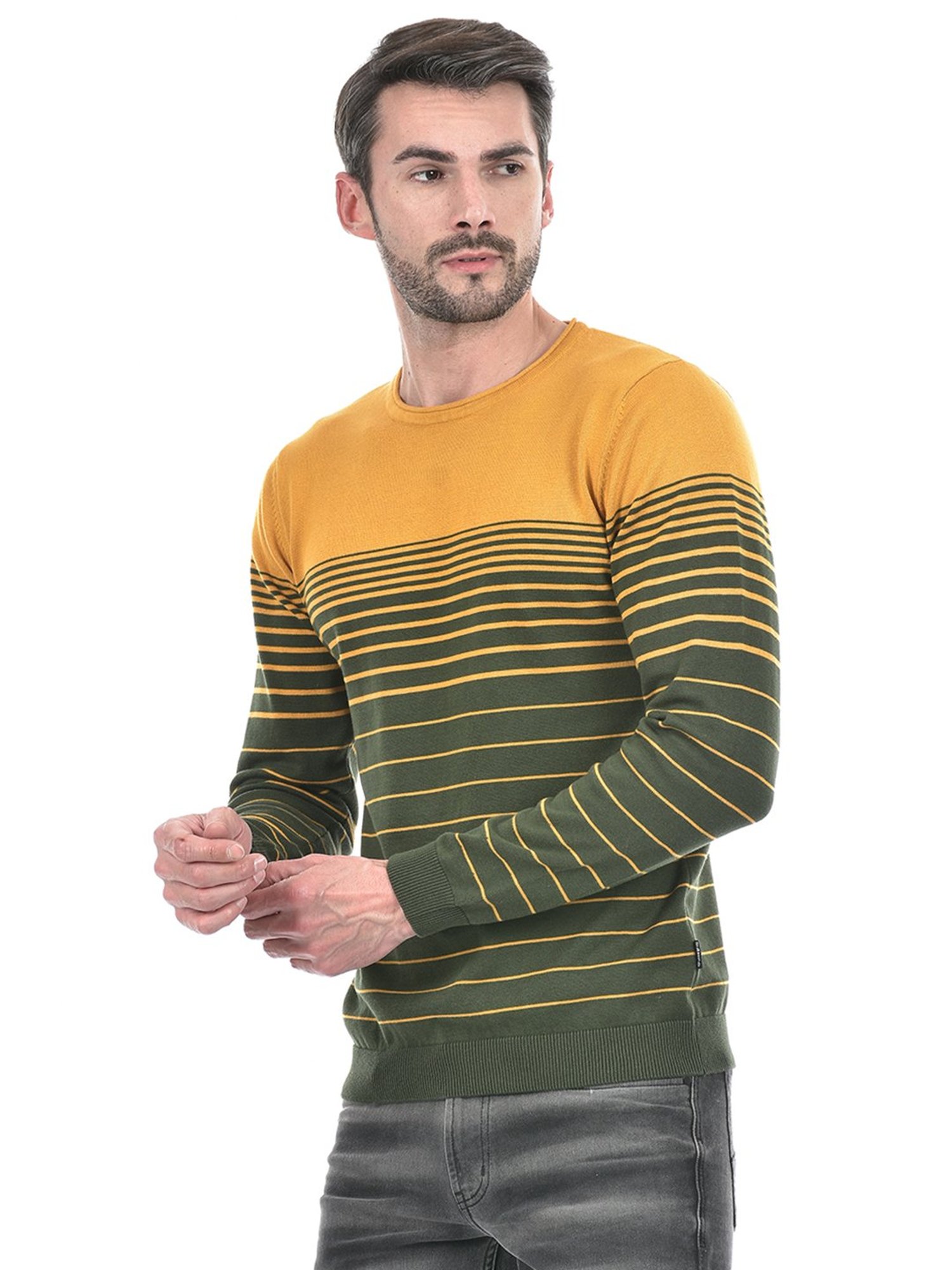 Integriti Mustard & Olive Regular Fit Striped Cotton Sweater