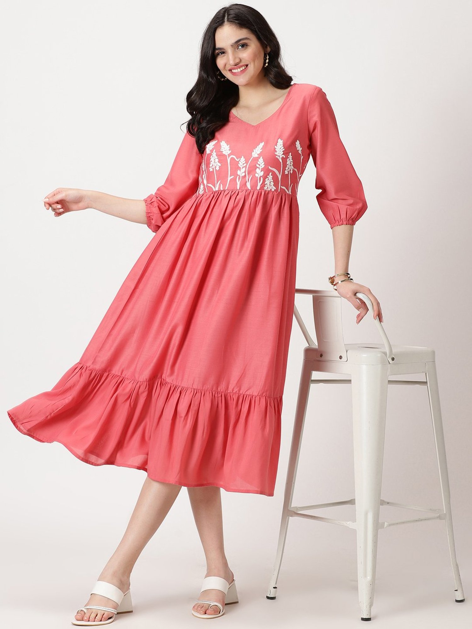 Saffron Threads Rose Pink Embroidered Midi Dress