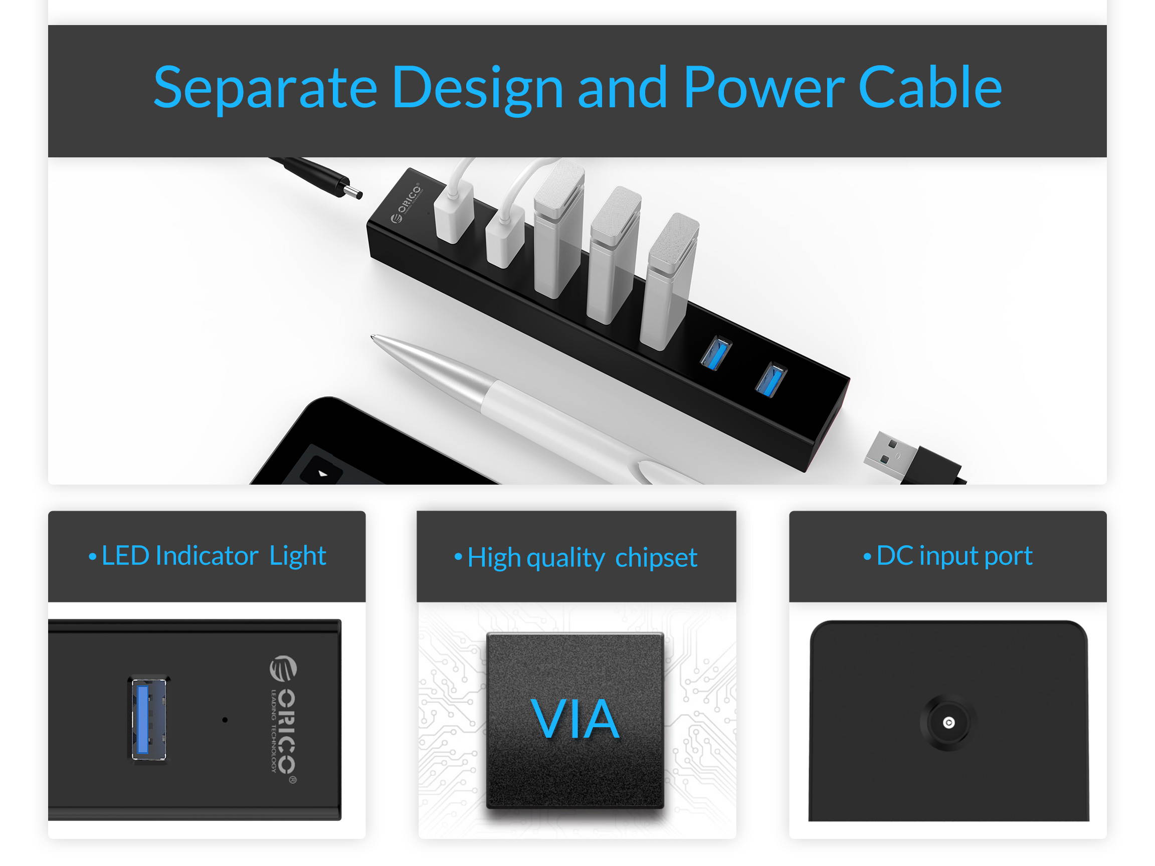 ORICO Super Speed USB 3.0 7 Port Hub with 3.3Ft. Power Cord and Data Cable - (ORICO H7013-U3-V1-BK) Black