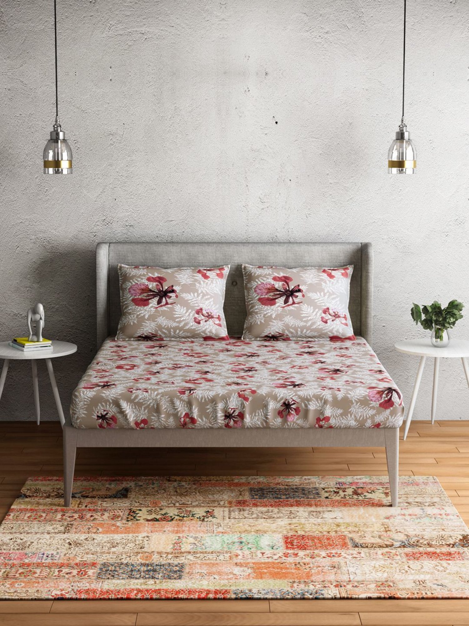 Petal Home Poinciana Floral Beige 300 TC Cotton Queen Size Bed Sheet with 2 Pillow Covers