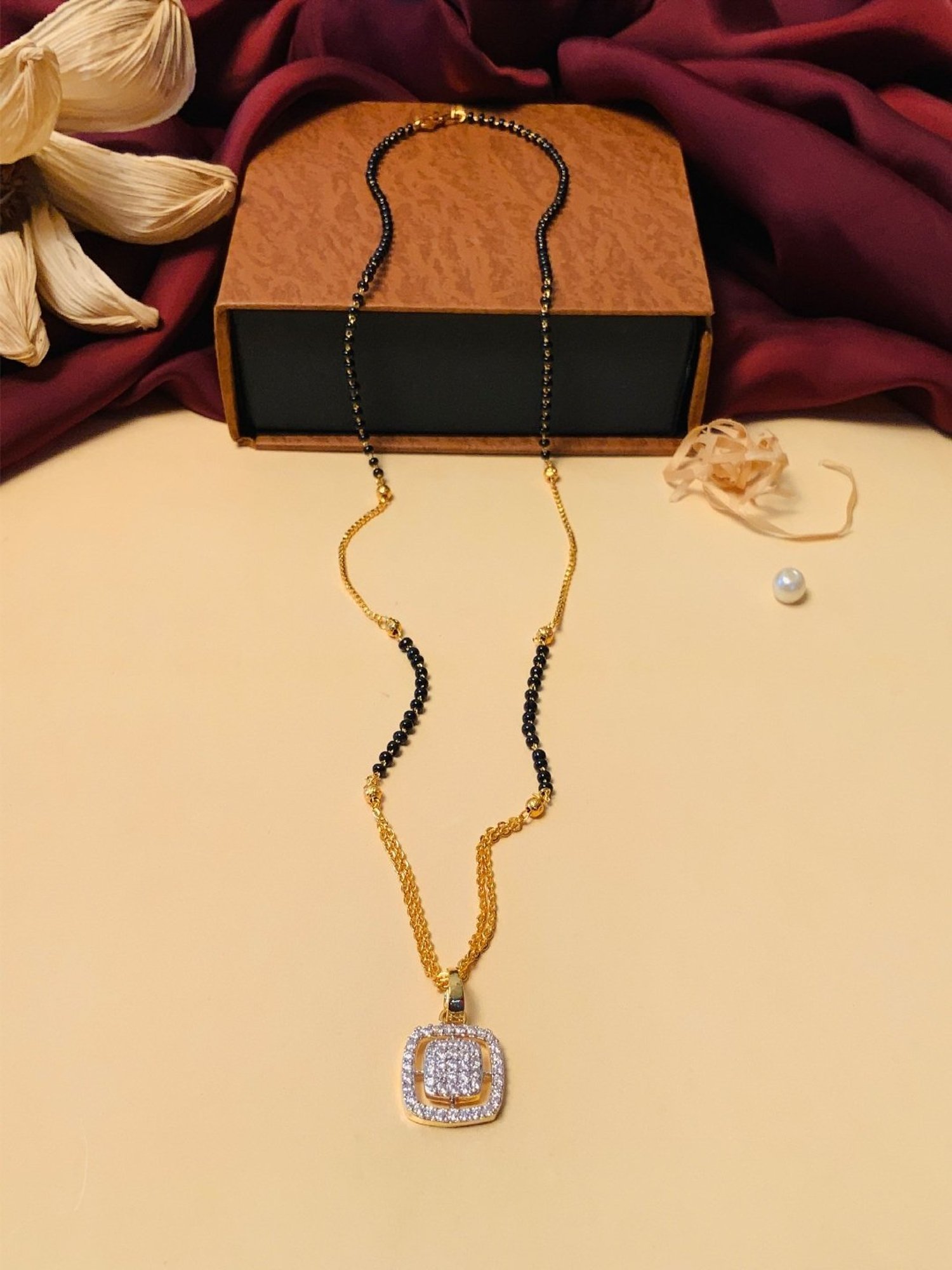 Abdesigns Gold-Plated American Diamond & Black Beaded Mangalsutra