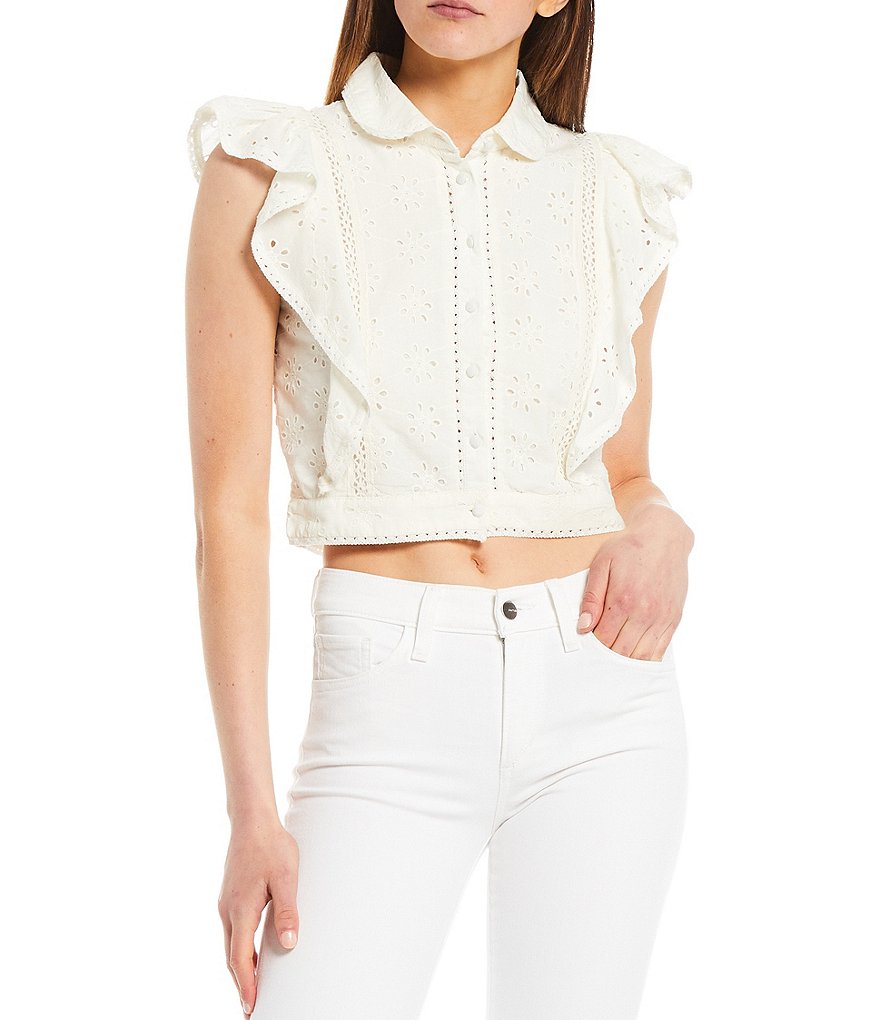 French Connection Duna Broderie Lawn Peter Pan Collar Crop Top