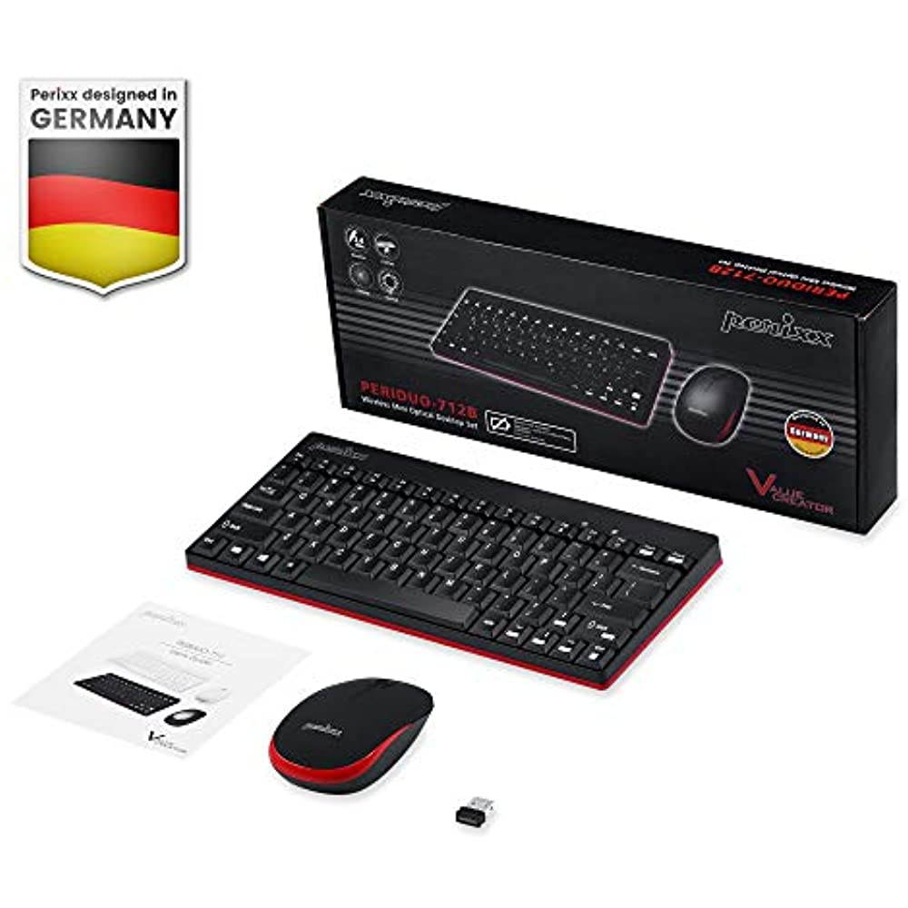 Perixx PERIDUO-712 Wireless Mini Keyboard and Mouse Set, Portable Compact Size 13 Multimedia Hot Keys Keyboard and 1000 DPI Optical Mouse Combo, Black, US Layout