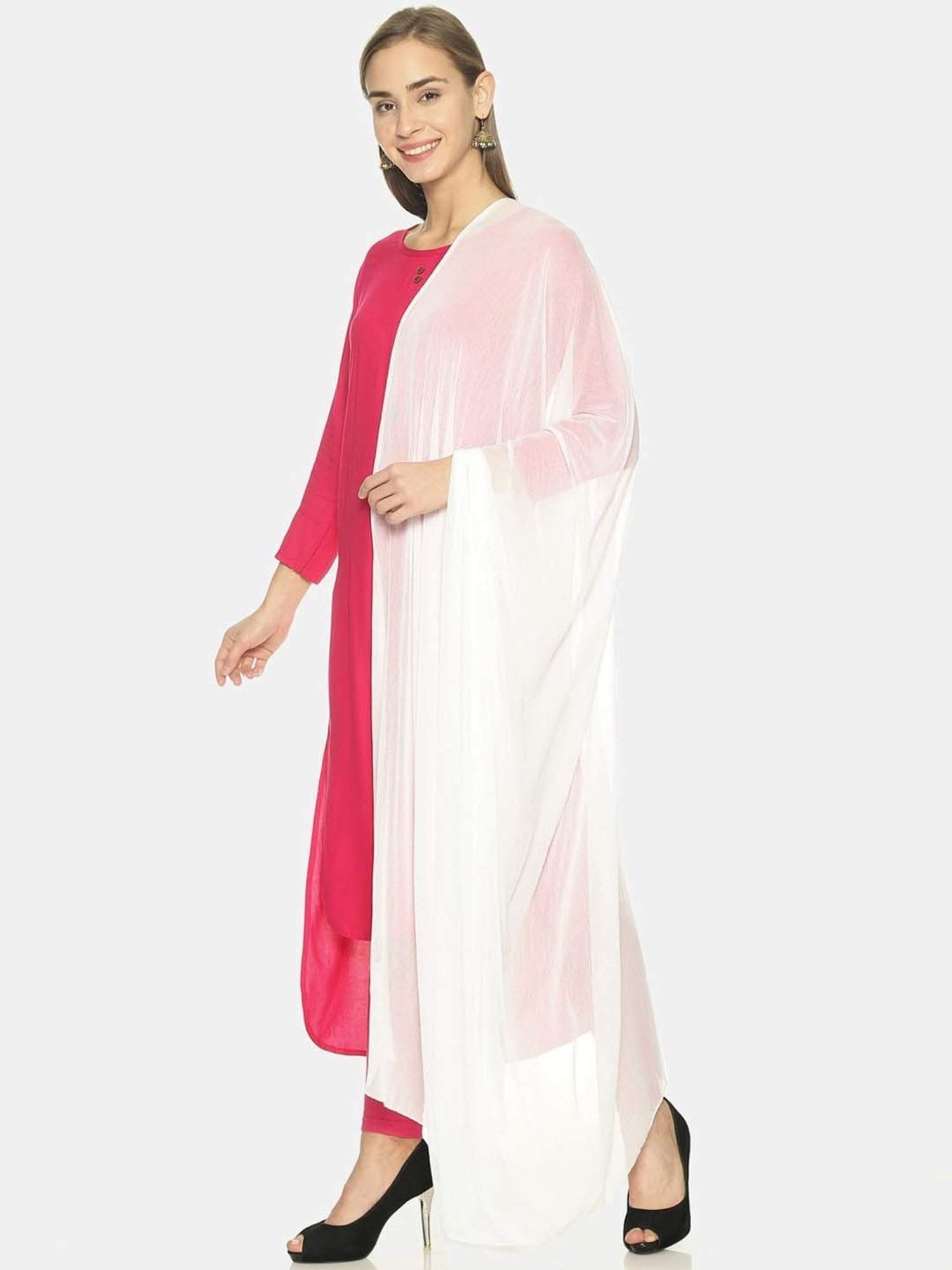 TWIN BIRDS Pink & White Plain Dupatta - Pack Of 2