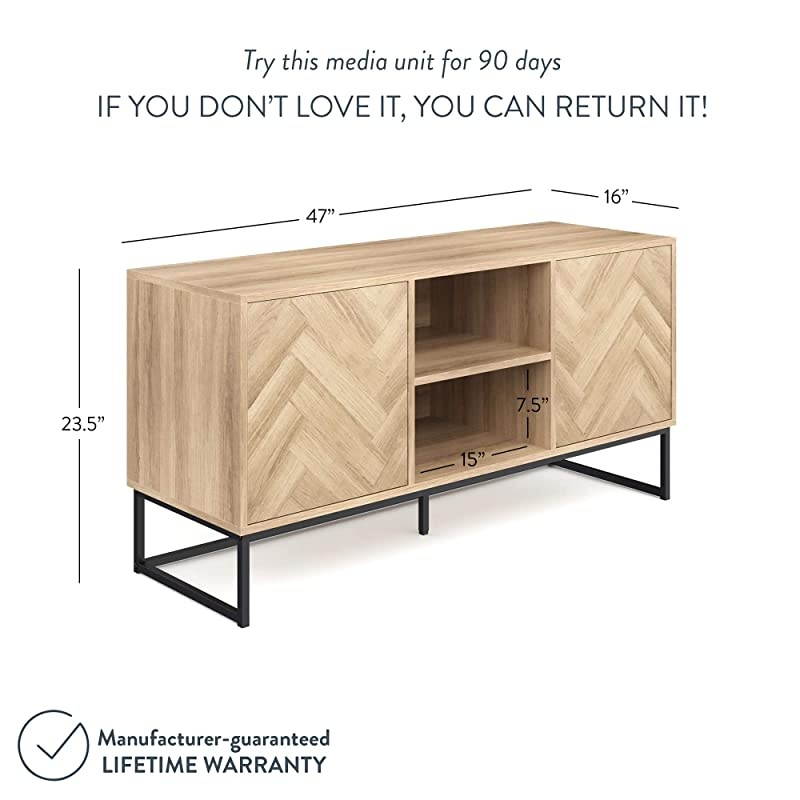 Dylan Media Console Cabinet or TV Stand with Doors for Hidden Storage in a Natural Reclaimed Herringbone Wood Pattern and Metal, Oak/Matte Black