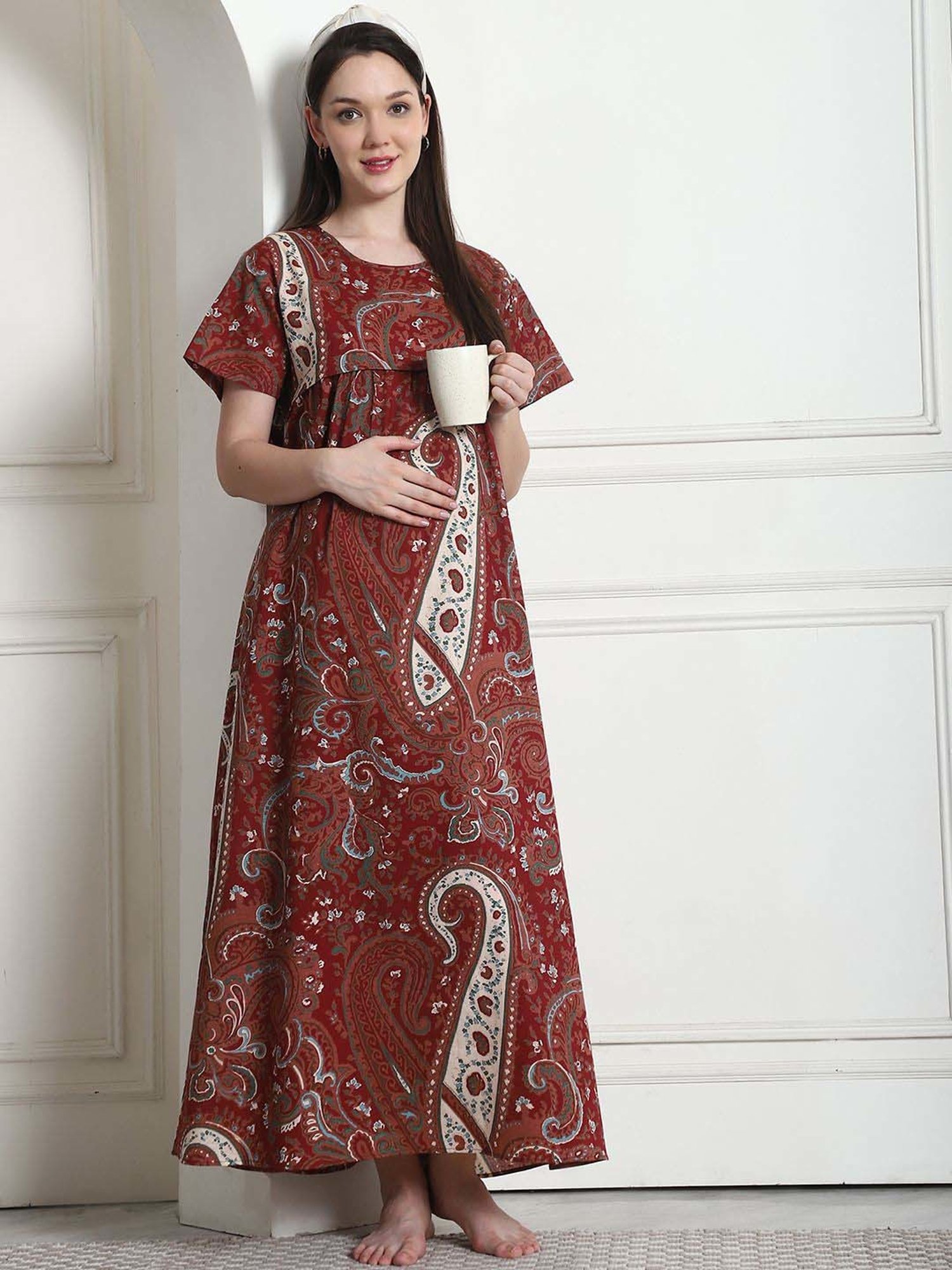Secret Wish Brown Cotton Printed Straight Nighty