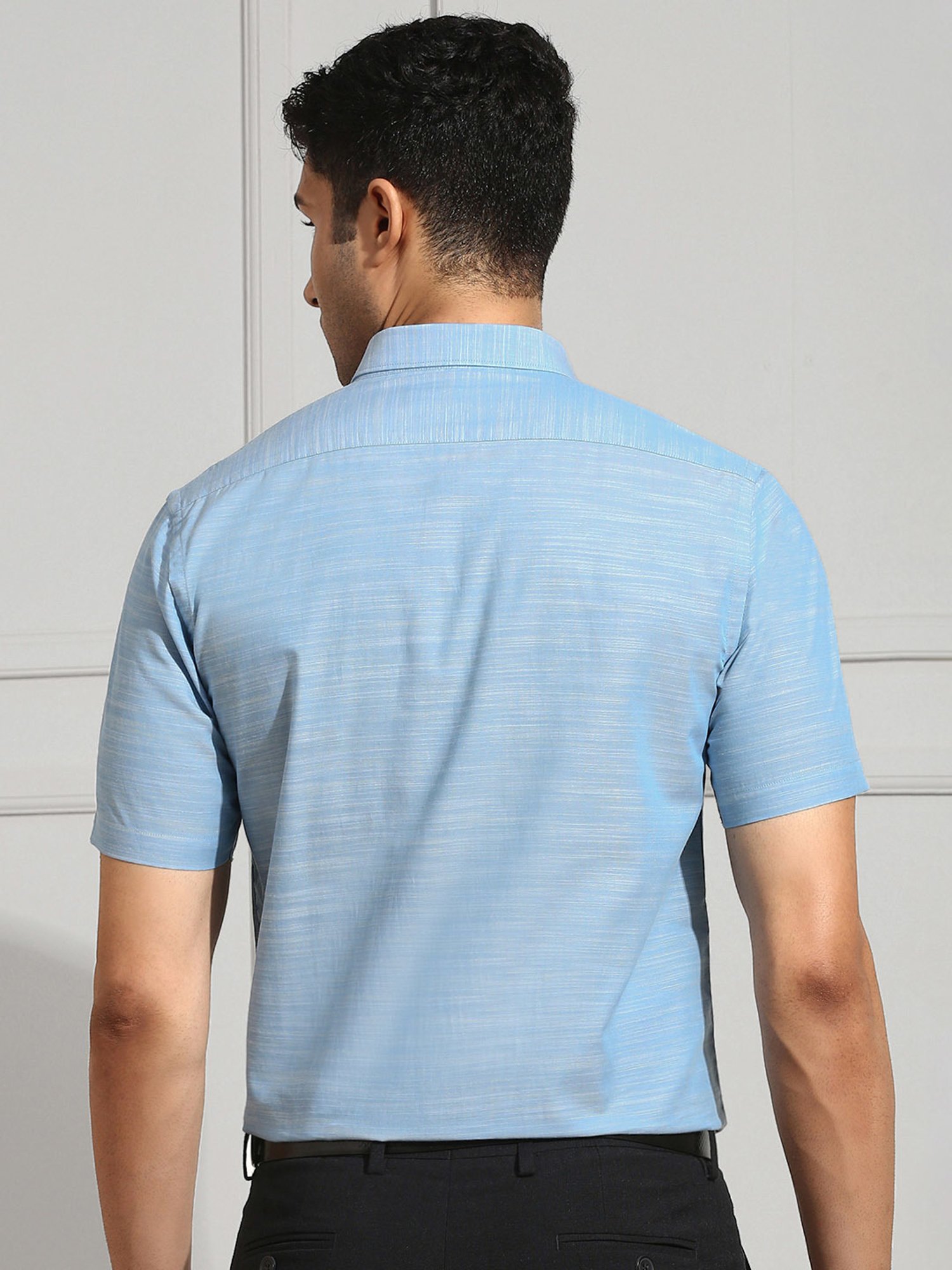 Ramraj Sky Blue Regular Fit Textured Cotton Shirt