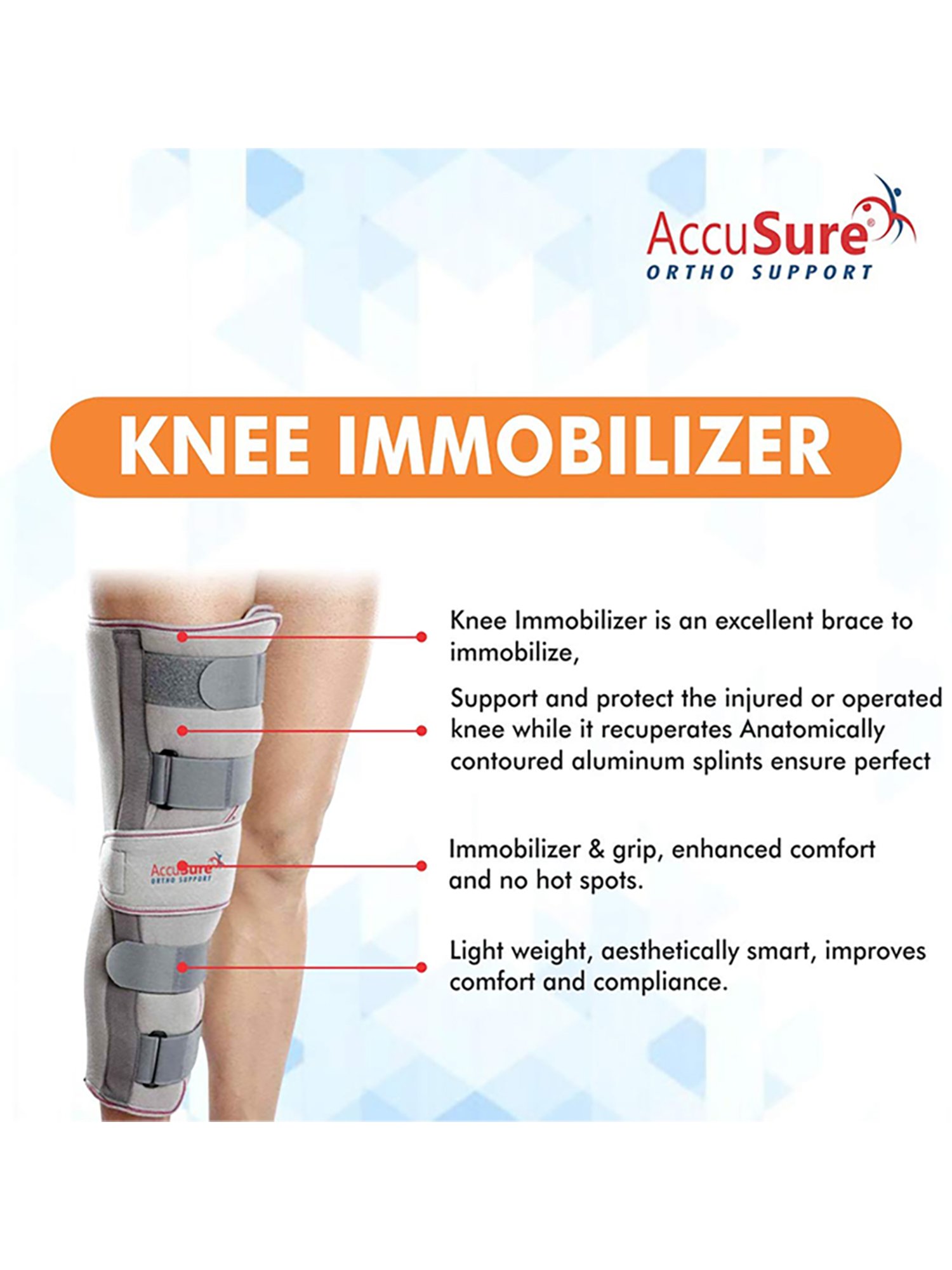 AccuSure Adjustable Premium Knee Brace Immobilizer - 19 Inch Large 40-48 Inch (Grey)