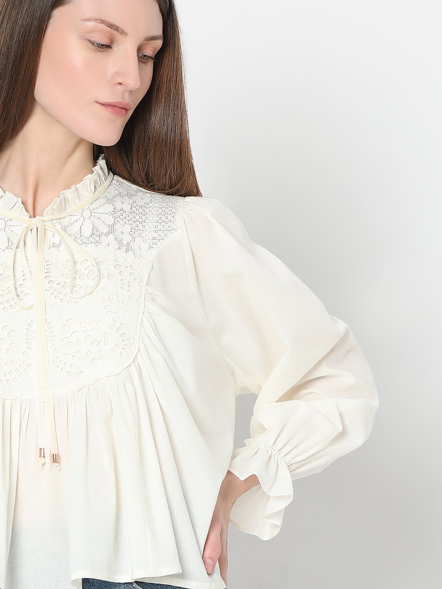 Vero Moda Off White Cotton Self Design Top