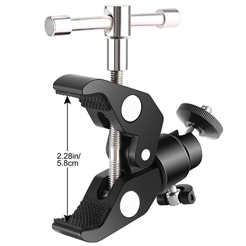 Metal Adjustable Camera Large Super Clamp and Ball Head Hot Shoe Mount Adapter with 1/4 inch Screw for DSLR Film Movie Rig, Monitor, Flash, LED Lights, Track Slider and Light Stand