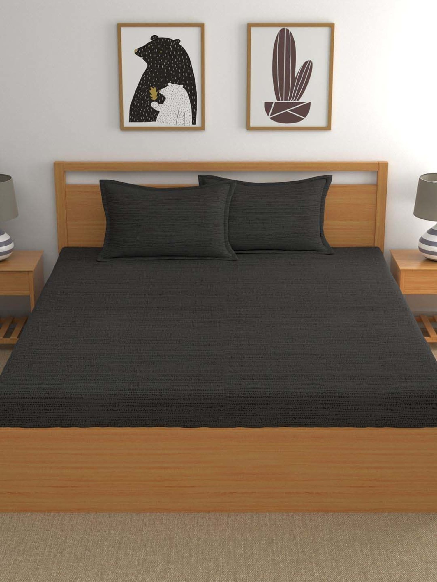 Dreamscape Black Cotton 300 TC King Bedsheet with 2 Pillow Covers