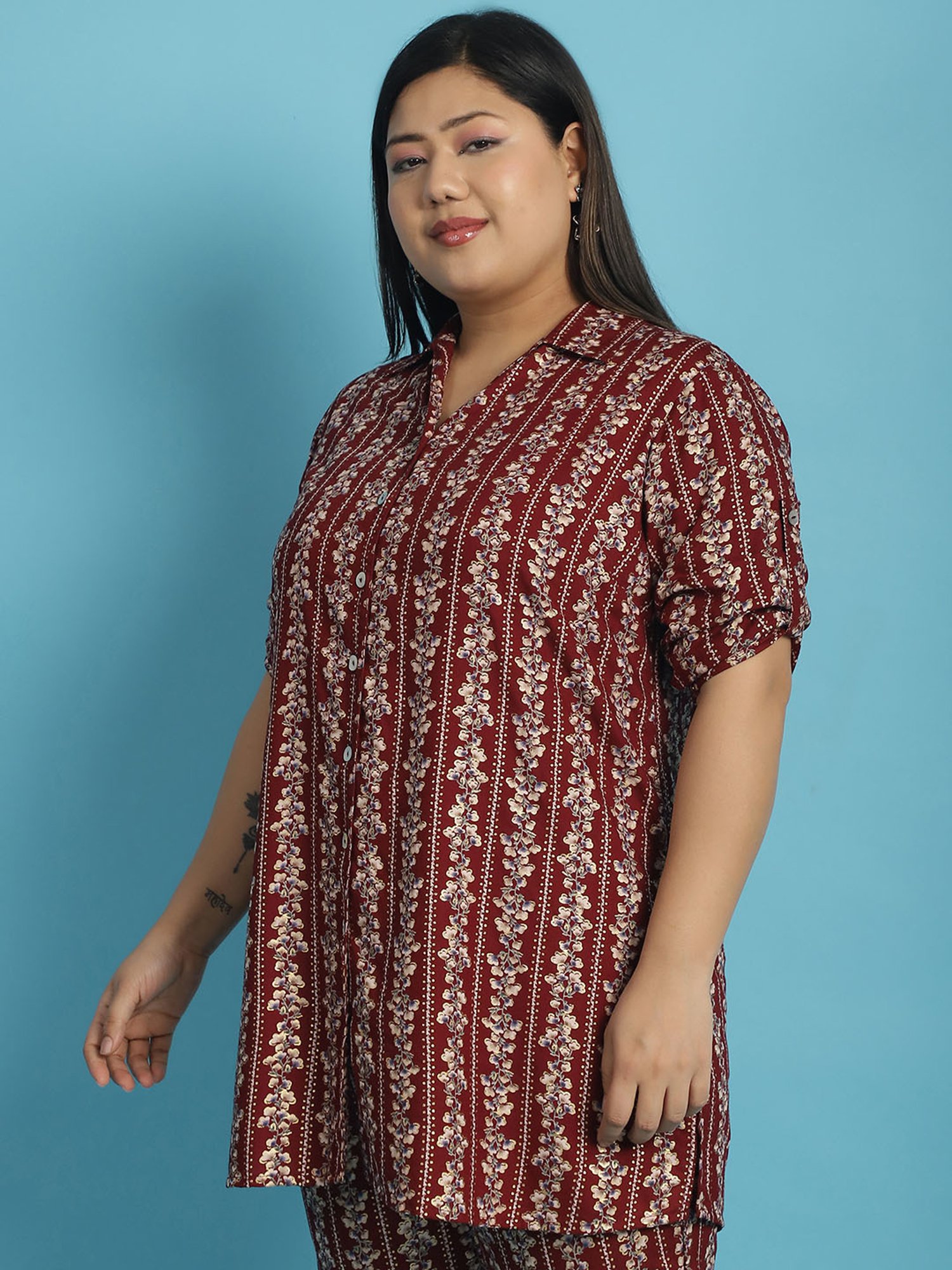 theRebelinme Maroon Floral Print Shirt