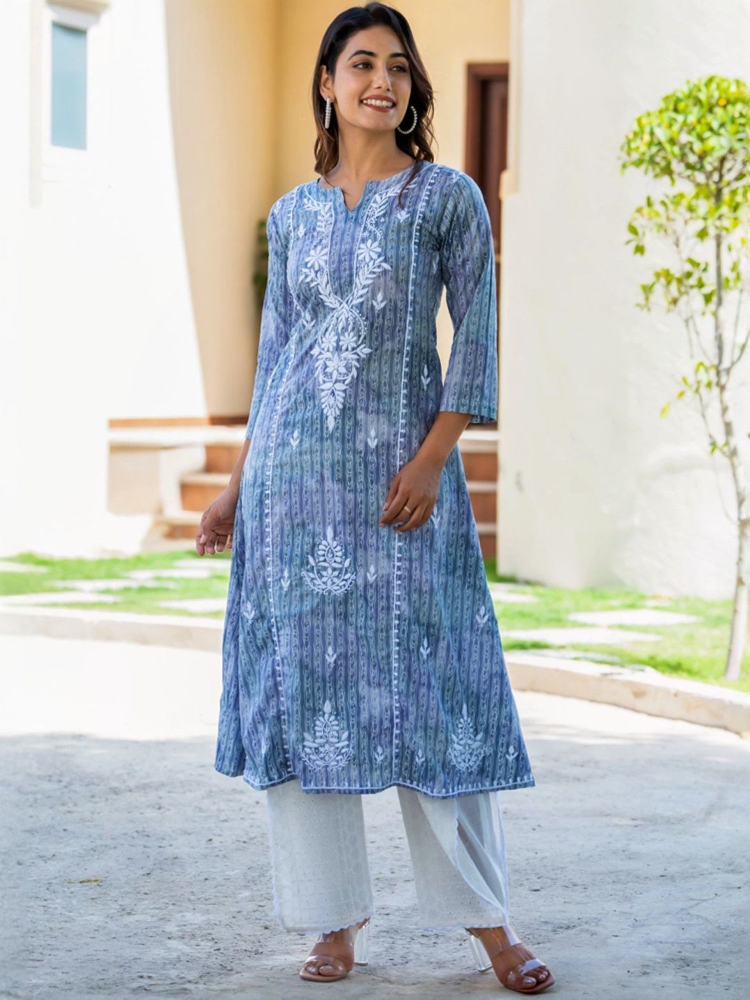 HOUSE OF JAMOTI Blue & White Cotton Embroidered Kurta Palazzo Set