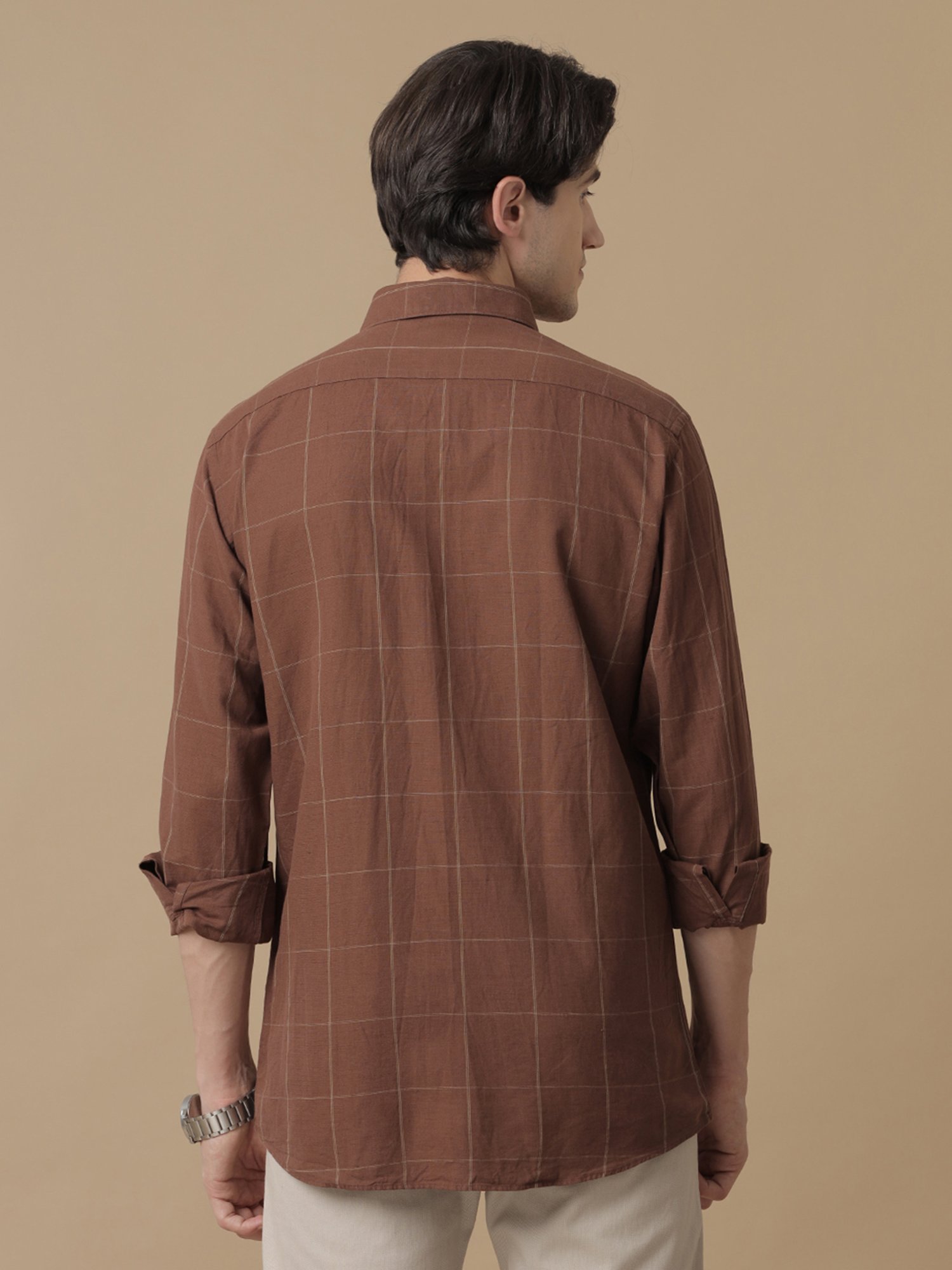 CAVALLO by Linen Club Brown Contemporary Fit Check Shirt