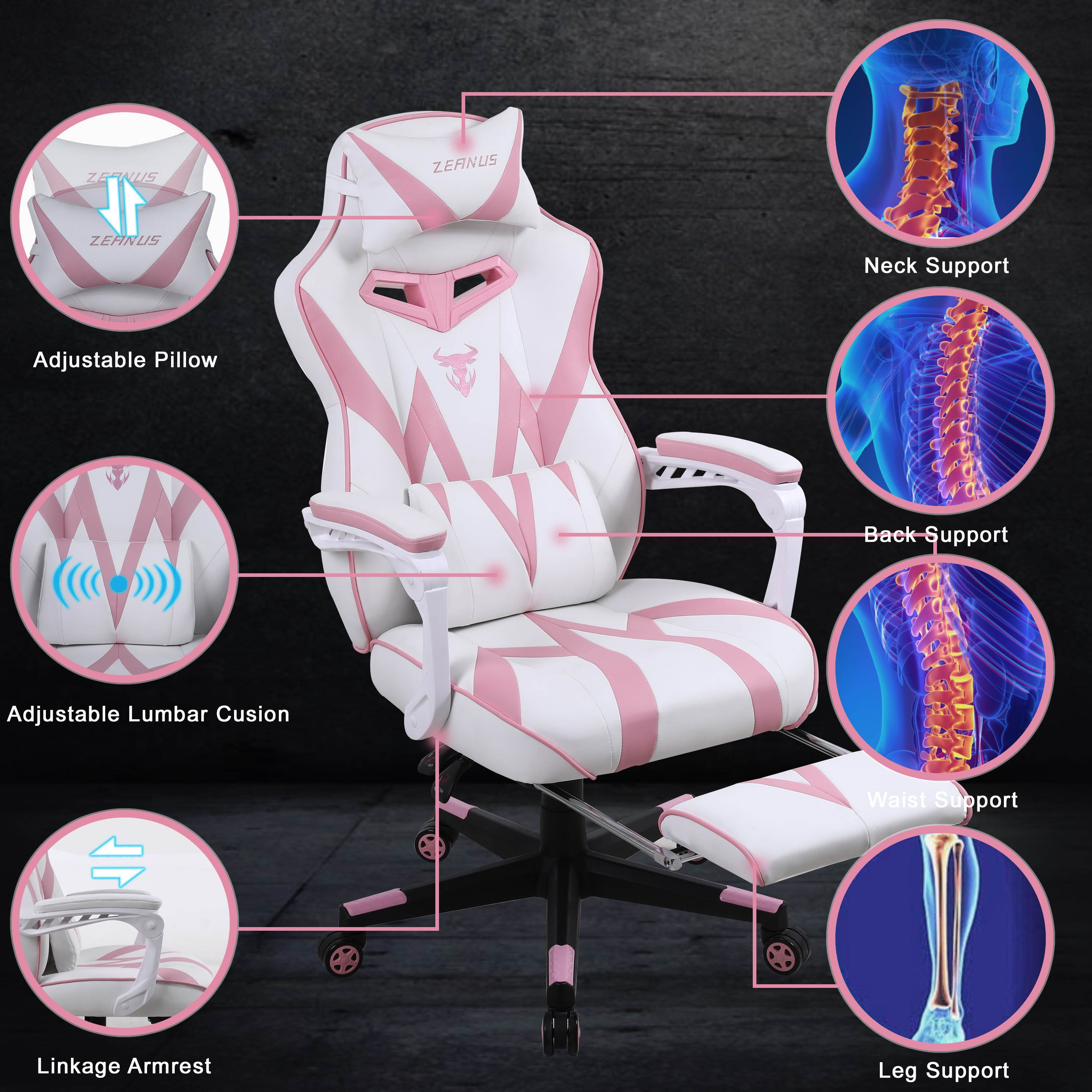 Zeanus Pink Ergonomic Gaming Chair for Girl, Gaming Chair with Footrest, Gaming Chair for Adults, High Back Racing Chair, Computer Chair with Massage, E-Sports Gamer Chair, Big and Tall Gaming Chair