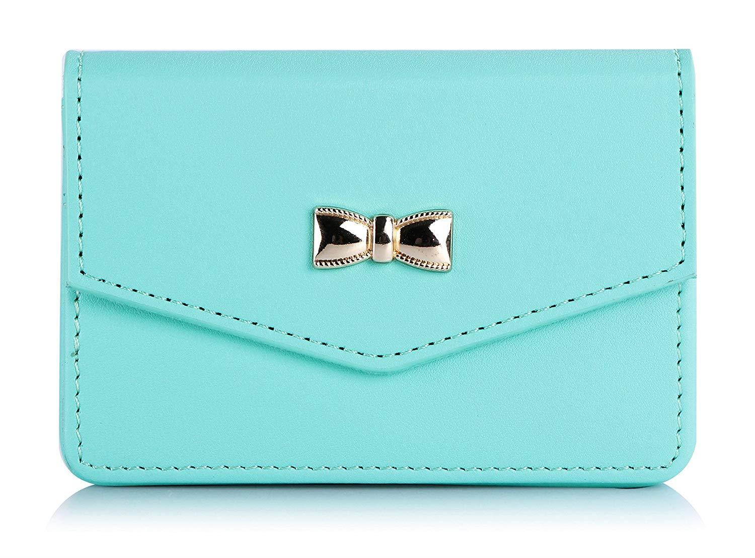 FYY Business card holder, Handmade Premium Leather Business Name Card Case Universal Card Holder with Magnetic Closure (Hold 30 pics of cards) Mint Green