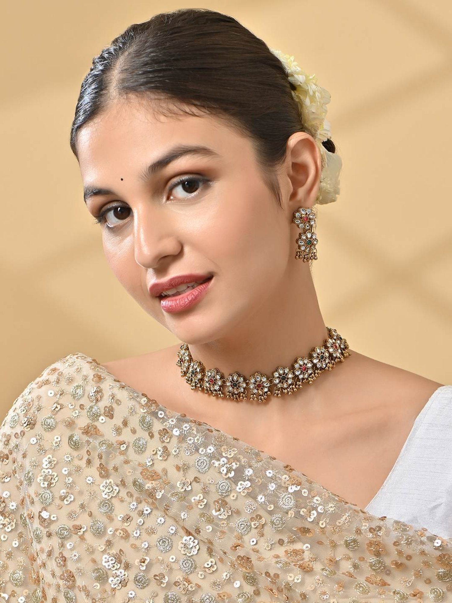 Fida Gold Floral Temple Meenakari Choker & Earrings Set for Women