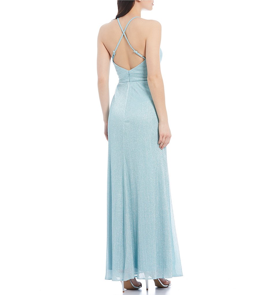 Morgan & Co. Spaghetti Strap Side Slit Glitter Shine Knit Long Dress