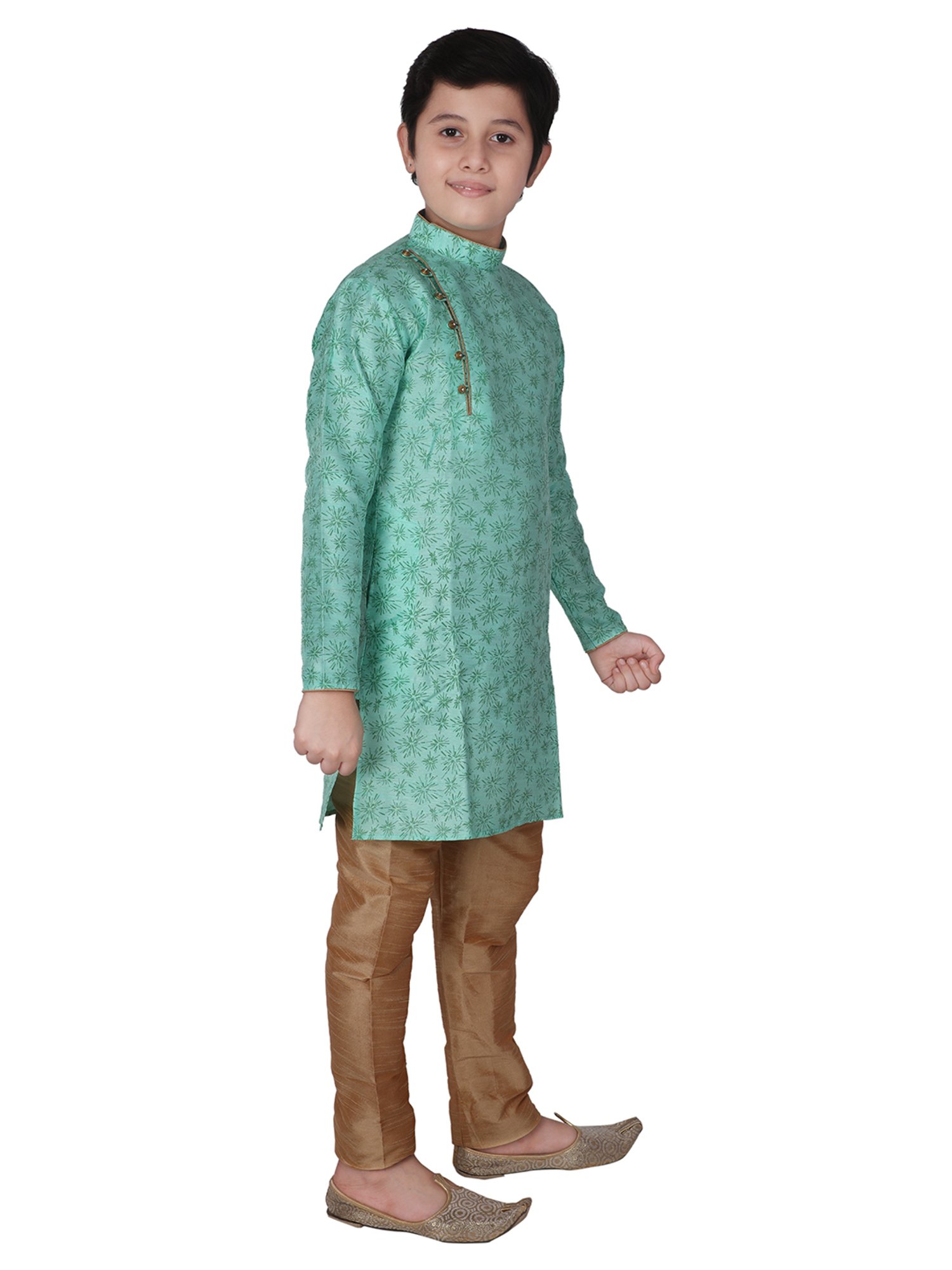 Pro-Ethic Style Developer Kids Mint Green & Brown Printed Full Sleeves Kurta with Churidar