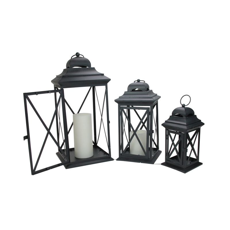 Melrose Set of 3 Midnight Black Iron and Glass Pillar Candle Lanterns with Handle - 22"