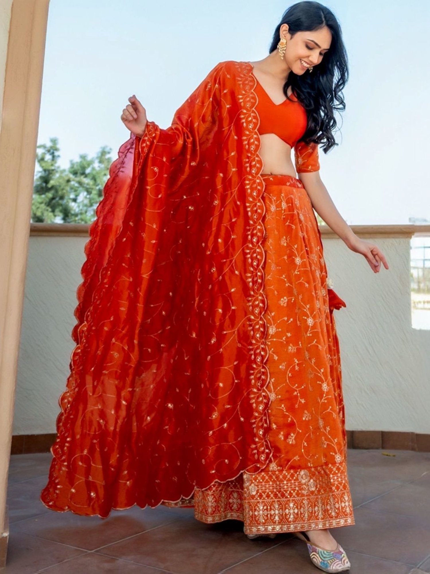 HOUSE OF JAMOTI Orange Embroidered Lehenga Choli Set With Dupatta