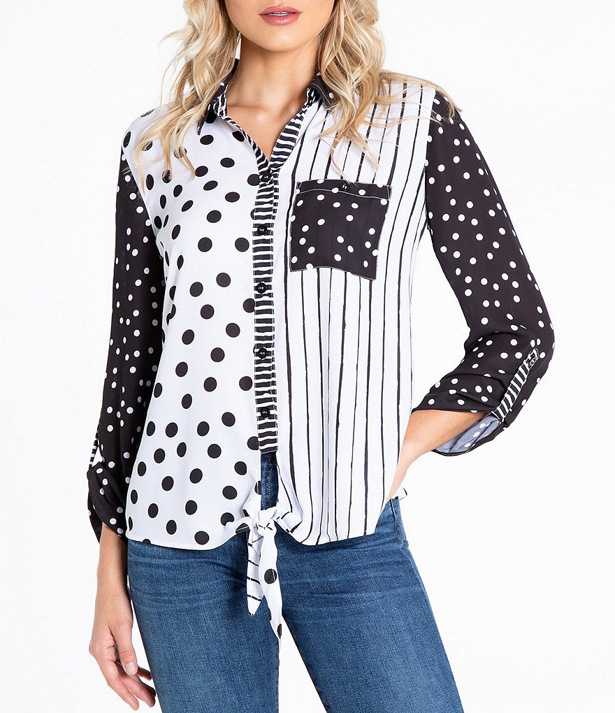 Multiples Petite Size Color Block Multi Dot Stripe Print Georgette Roll-Tab Sleeve Button Down Tie-Front Shirt
