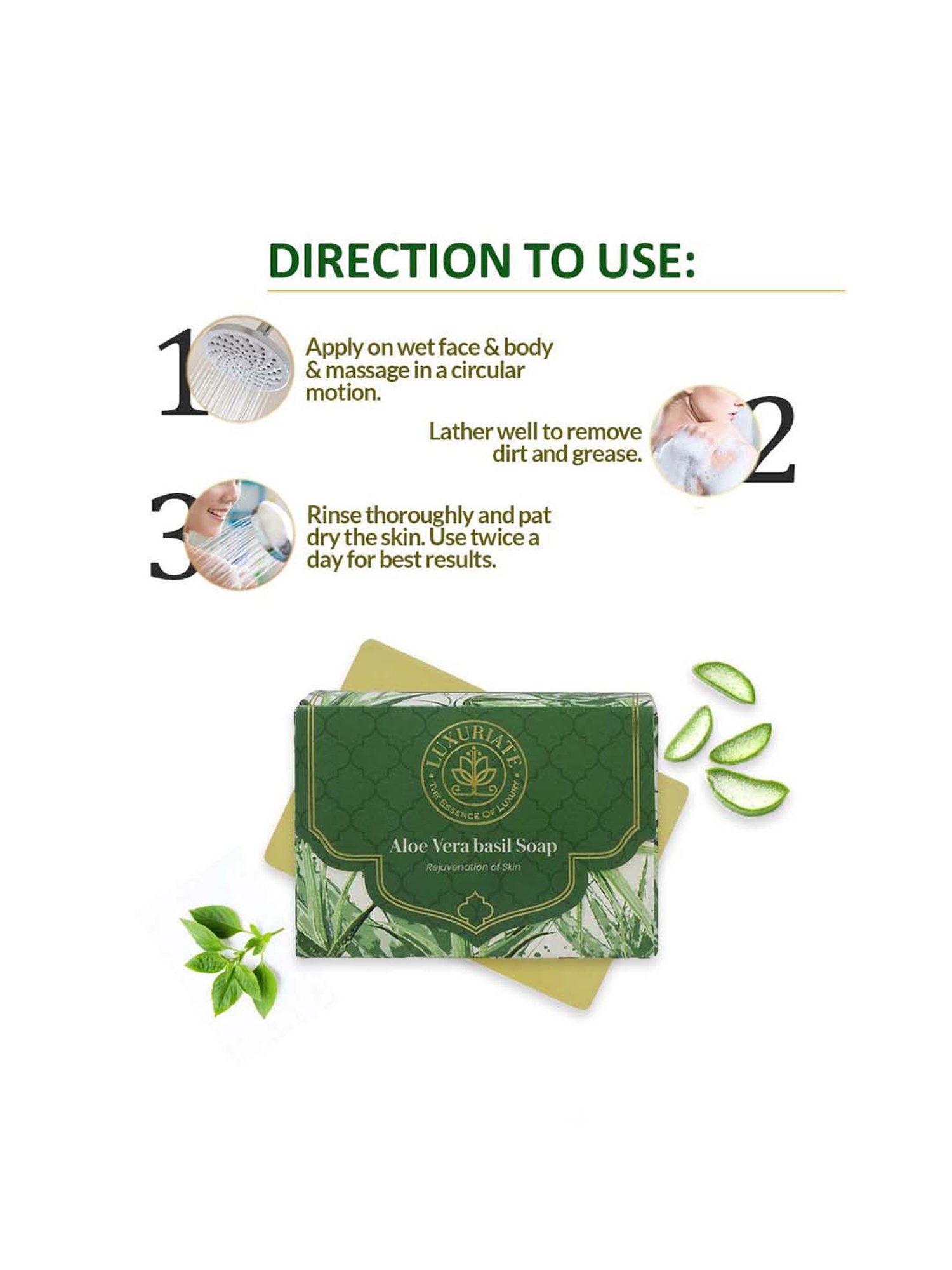 Luxuriate Naturally Refreshing Aloe Vera and Basil Soaps For Rejuvenation of Skin - 125 gm